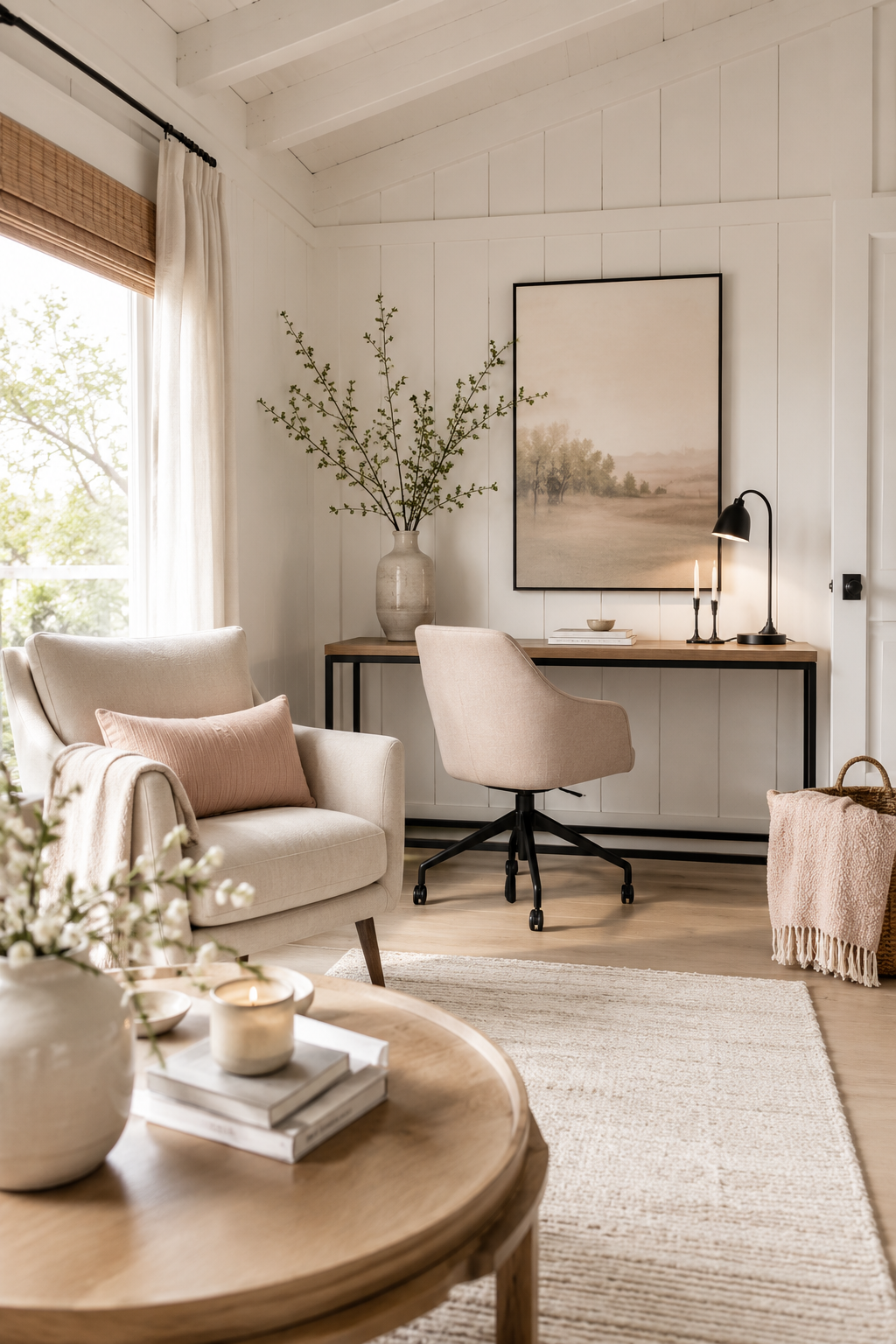 Modern neutral she shed interior with white walls, beige furniture, warm wood, and simple black accents