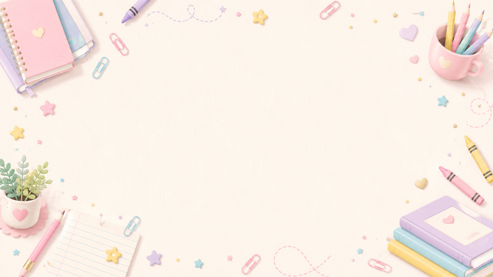 Pastel classroom desktop background with soft cream texture, pink notebooks, colorful crayons, pencils, paper clips, stars, books, a plant, and cute school supplies around the edges with open center space for teacher computer files and desktop icons.