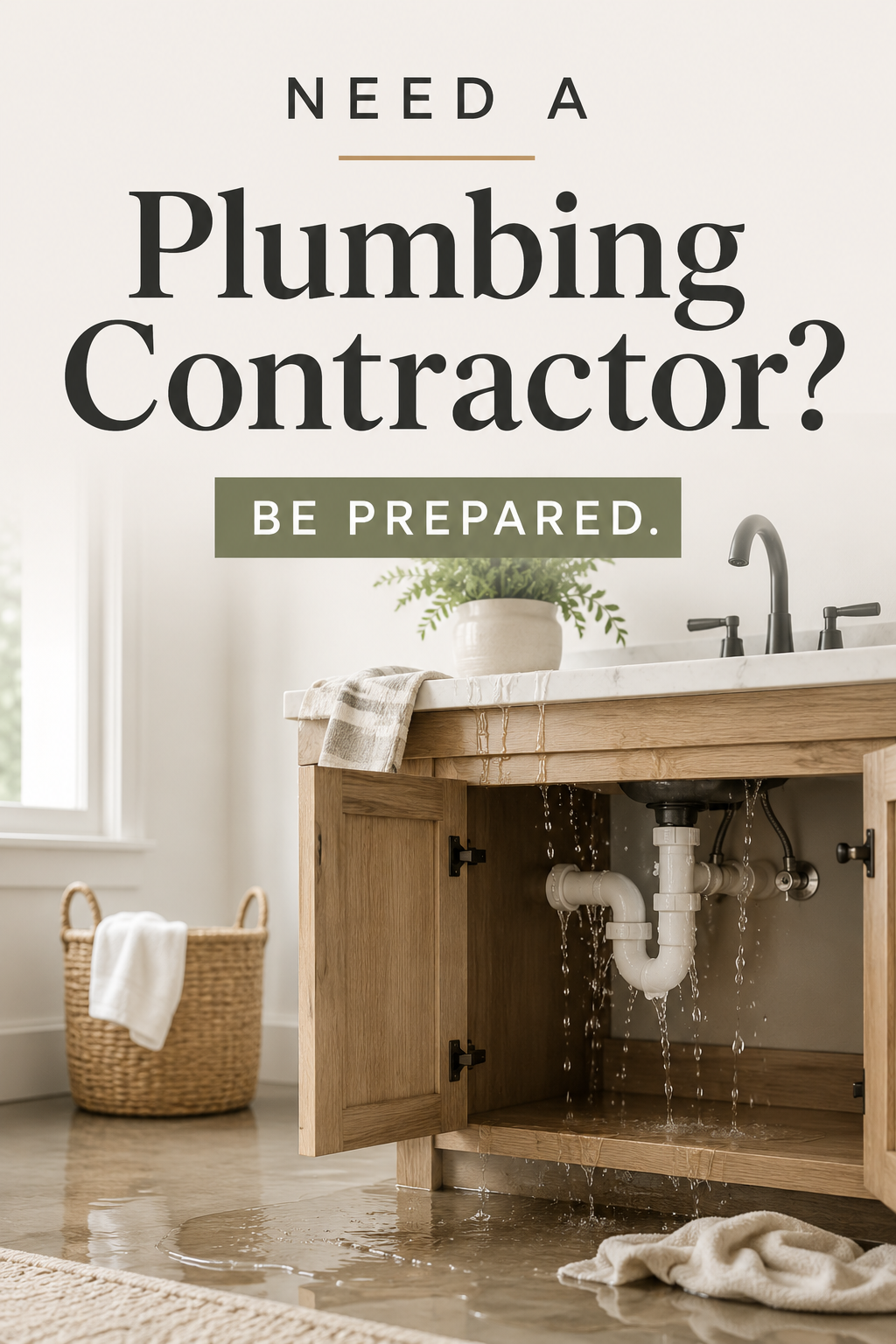 Pinterest pin showing a leaking bathroom sink cabinet with minimal text about choosing a plumbing contractor and being prepared for a plumbing emergency.