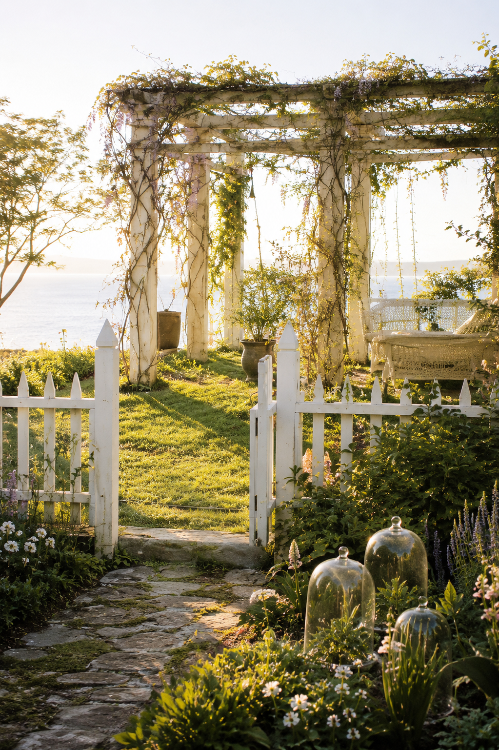 Practical Magic-inspired cottage garden with a white picket fence, open gate, stone path, vine-covered pergola, ocean view, glass garden cloches, lush greenery, soft flowers, and warm golden sunlight for a dreamy coastal garden aesthetic.