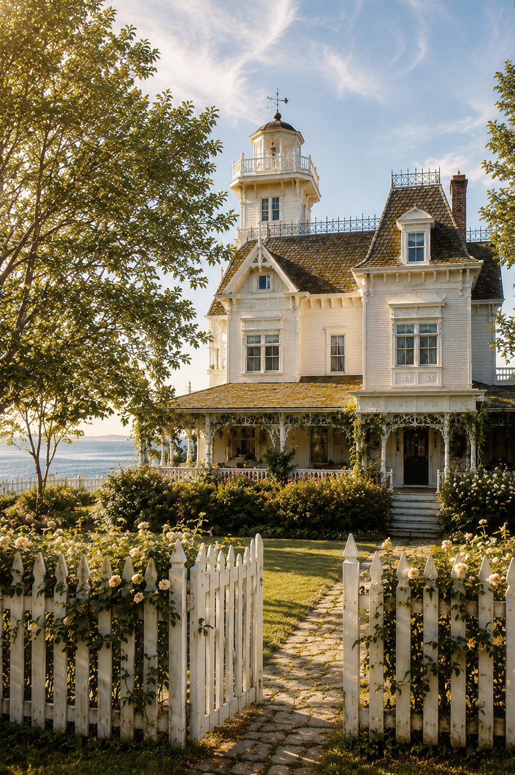 Dreamy Practical Magic house exterior featuring a white Victorian-style home with ornate trim, wraparound porch, tower, weathered roof, white picket fence, open front gate, stone garden path, climbing vines, blooming flowers, and warm golden-hour coastal light.