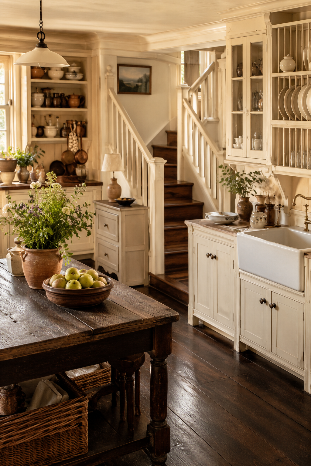 Warm Practical Magic-inspired kitchen with cream cabinets, farmhouse sink, glass-front dish cabinet, rustic wood island, bowl of green apples, potted flowers, dark wood floors, open shelves, white staircase, soft natural light, and cozy vintage cottage charm.
