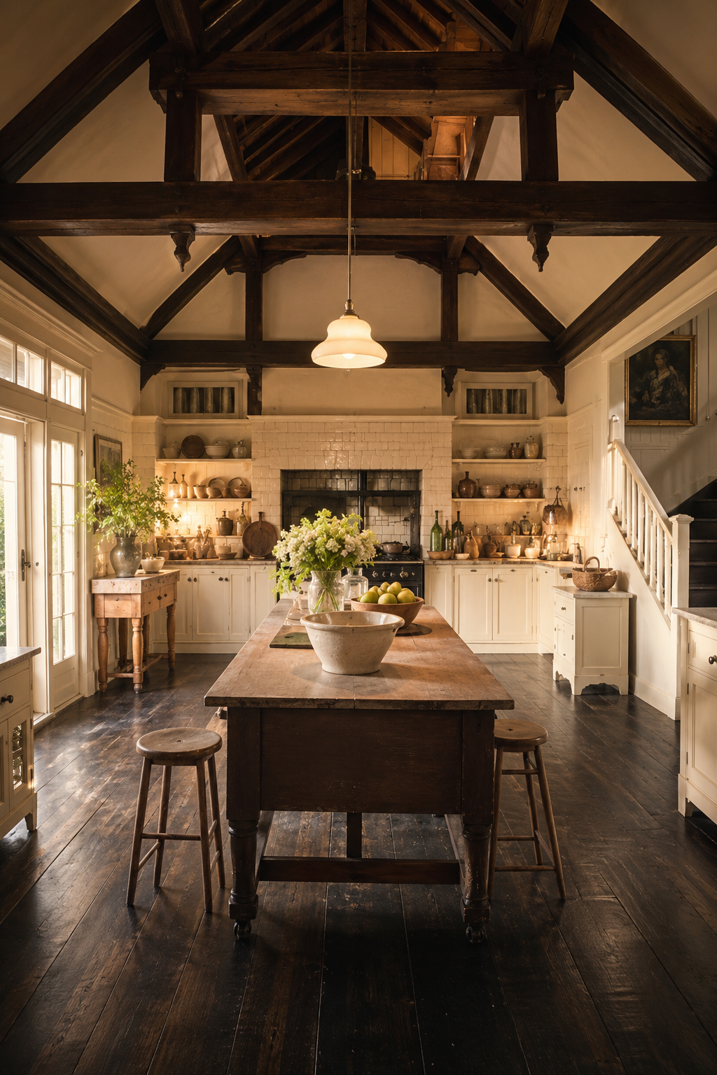 Practical Magic-inspired kitchen with a large rustic wood island, dark plank floors, cream cabinets, open shelves, vaulted ceiling with exposed wood beams, warm pendant light, white tile fireplace, vintage stools, fresh flowers, fruit bowl, and cozy cottage-style charm.