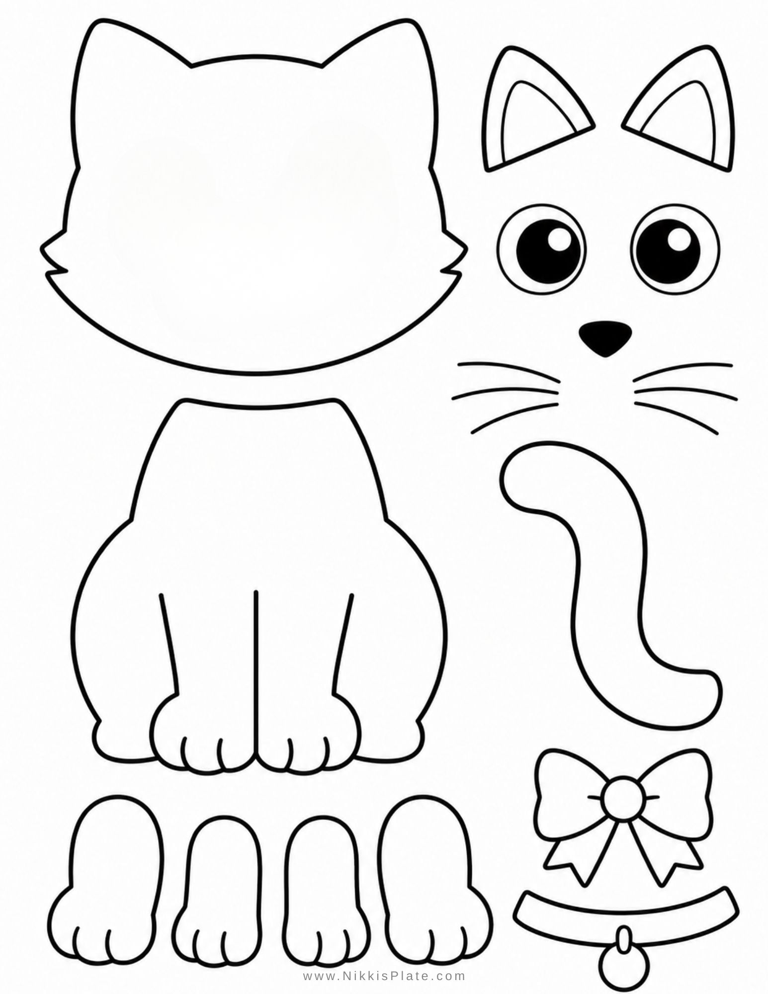 Printable black cat craft with cat body, tail, ears, whiskers, and big friendly eyes for an easy Halloween craft for preschoolers.