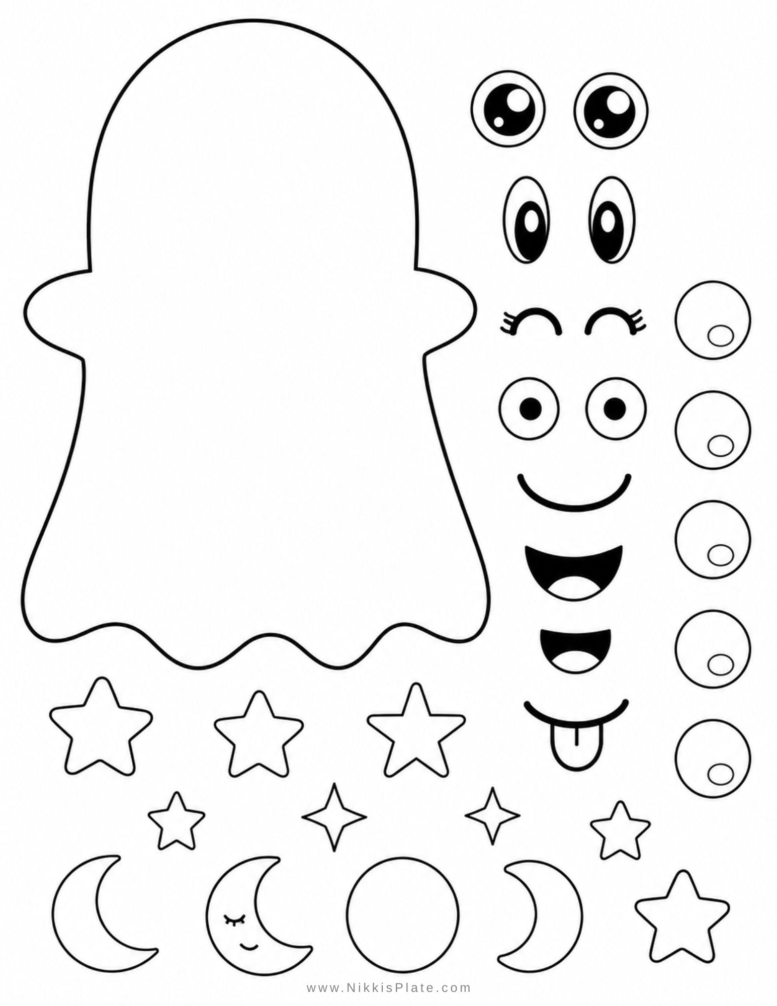 Cute printable ghost craft with a simple ghost template, friendly face, and cotton ball details for a low-mess Halloween craft for kids.