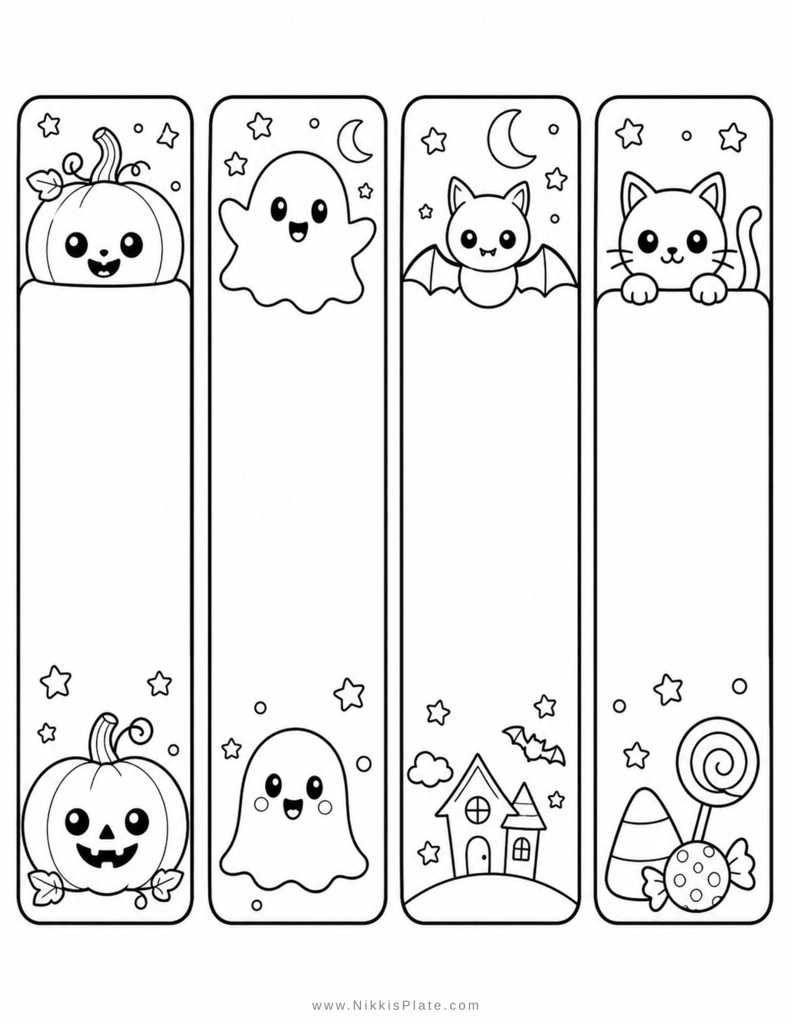 Printable Halloween bookmarks decorated with pumpkins, ghosts, bats, candy corn, and black cats for a cute Halloween classroom craft and reading activity.