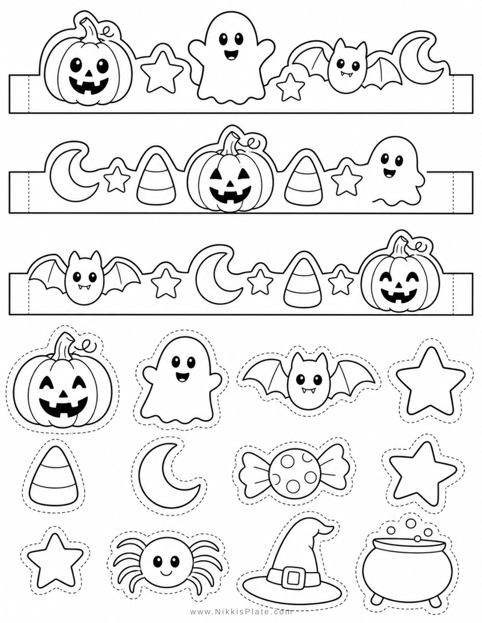 Printable Halloween crowns decorated with pumpkins, ghosts, bats, stars, and candy corn for a fun Halloween craft for toddlers and preschoolers.