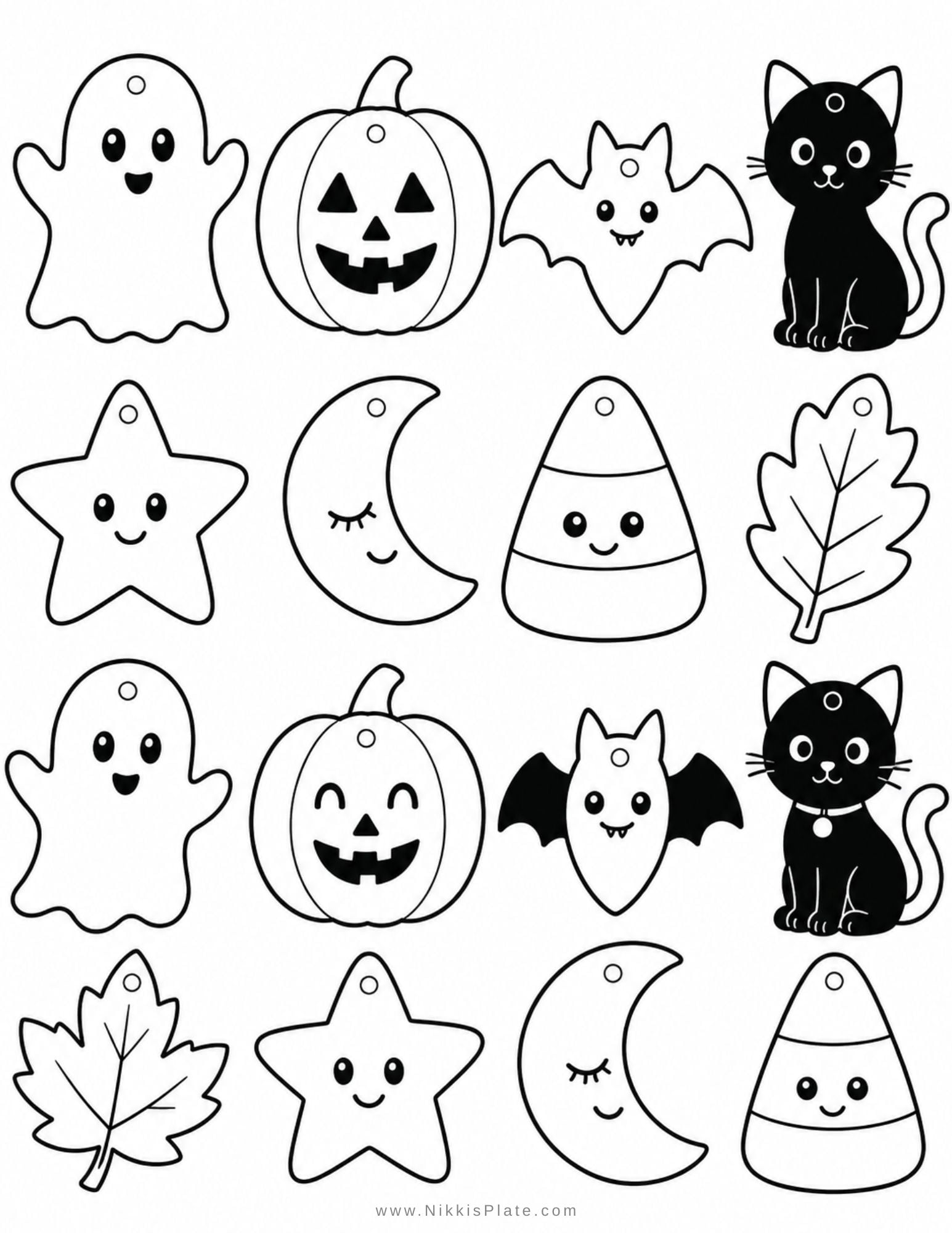 Printable Halloween garland with ghosts, pumpkins, bats, cats, stars, moons, and candy corn for an easy Halloween decoration craft for kids.