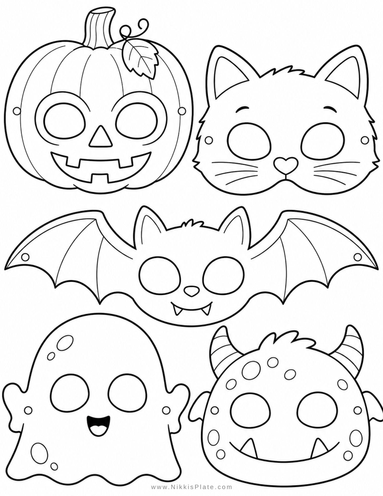 Printable Halloween masks including pumpkin, black cat, bat, ghost, and monster designs for a fun Halloween pretend play craft for kids.