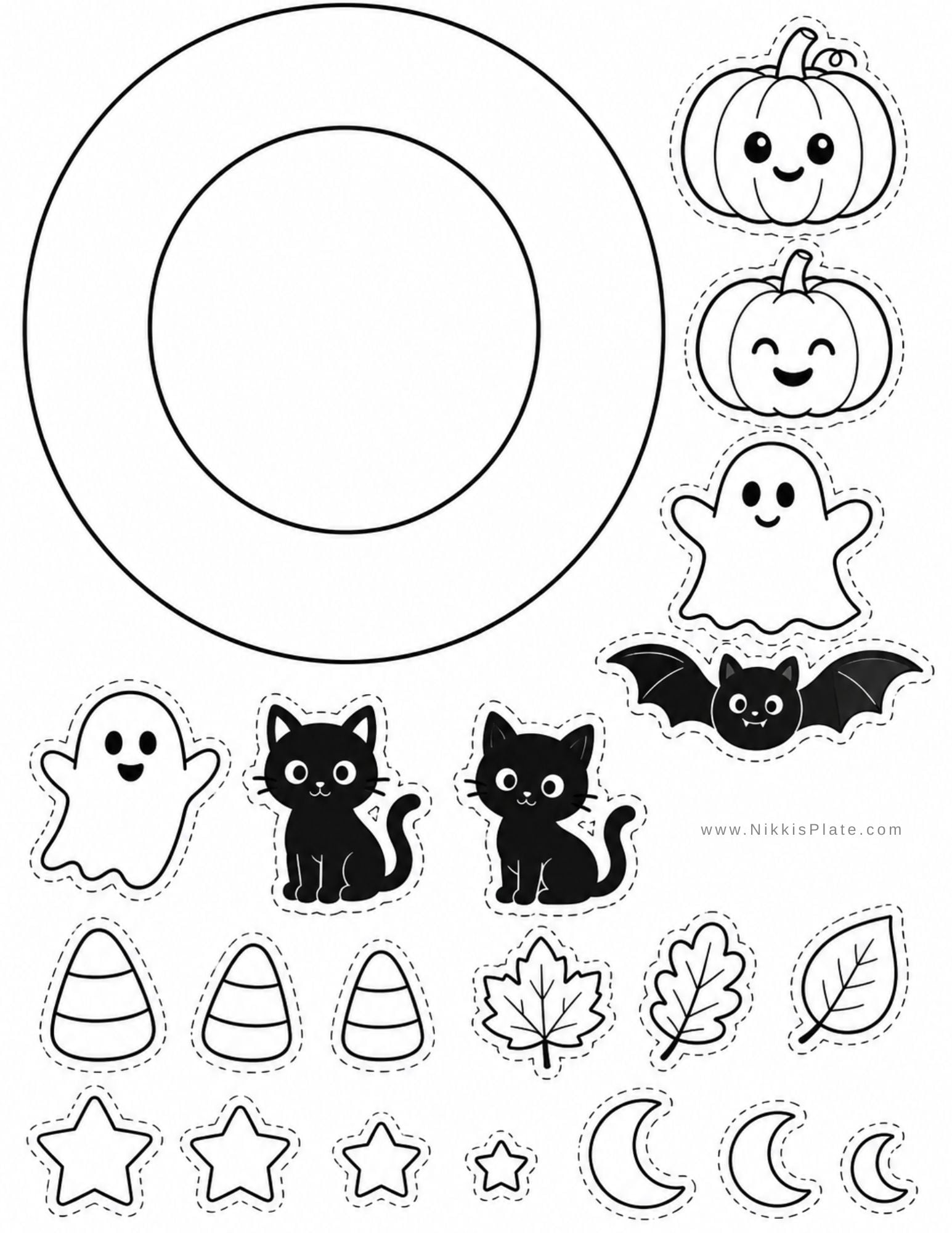 Printable Halloween paper wreath craft with pumpkins, ghosts, bats, leaves, stars, and candy corn for a cute Halloween decoration kids can make.