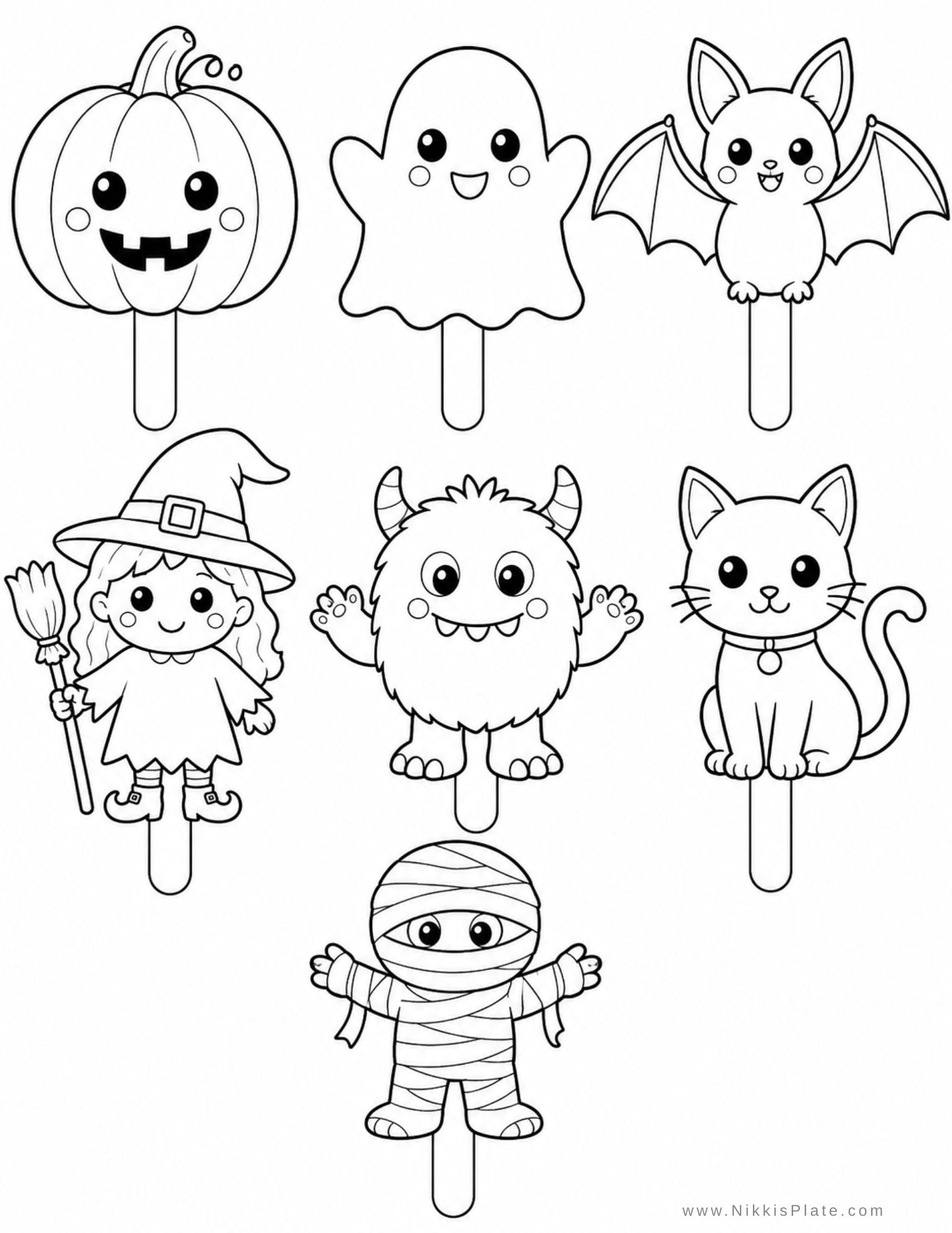 Printable Halloween puppets with a pumpkin, ghost, bat, witch, monster, black cat, and mummy on popsicle sticks for a fun Halloween craft for kids.