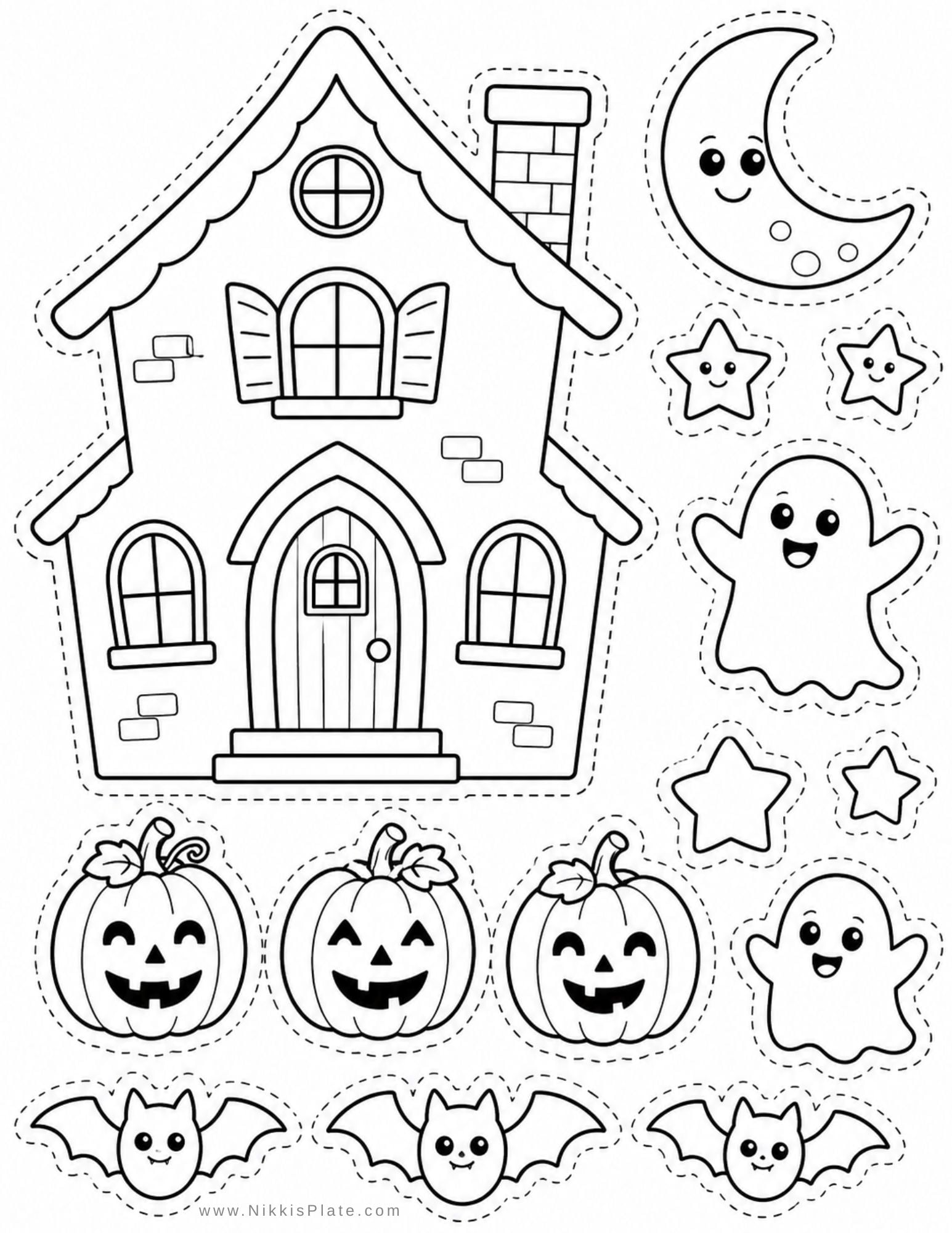 Printable haunted house craft with pumpkins, bats, ghosts, windows, and a moon for a fun Halloween coloring and craft activity for kids.