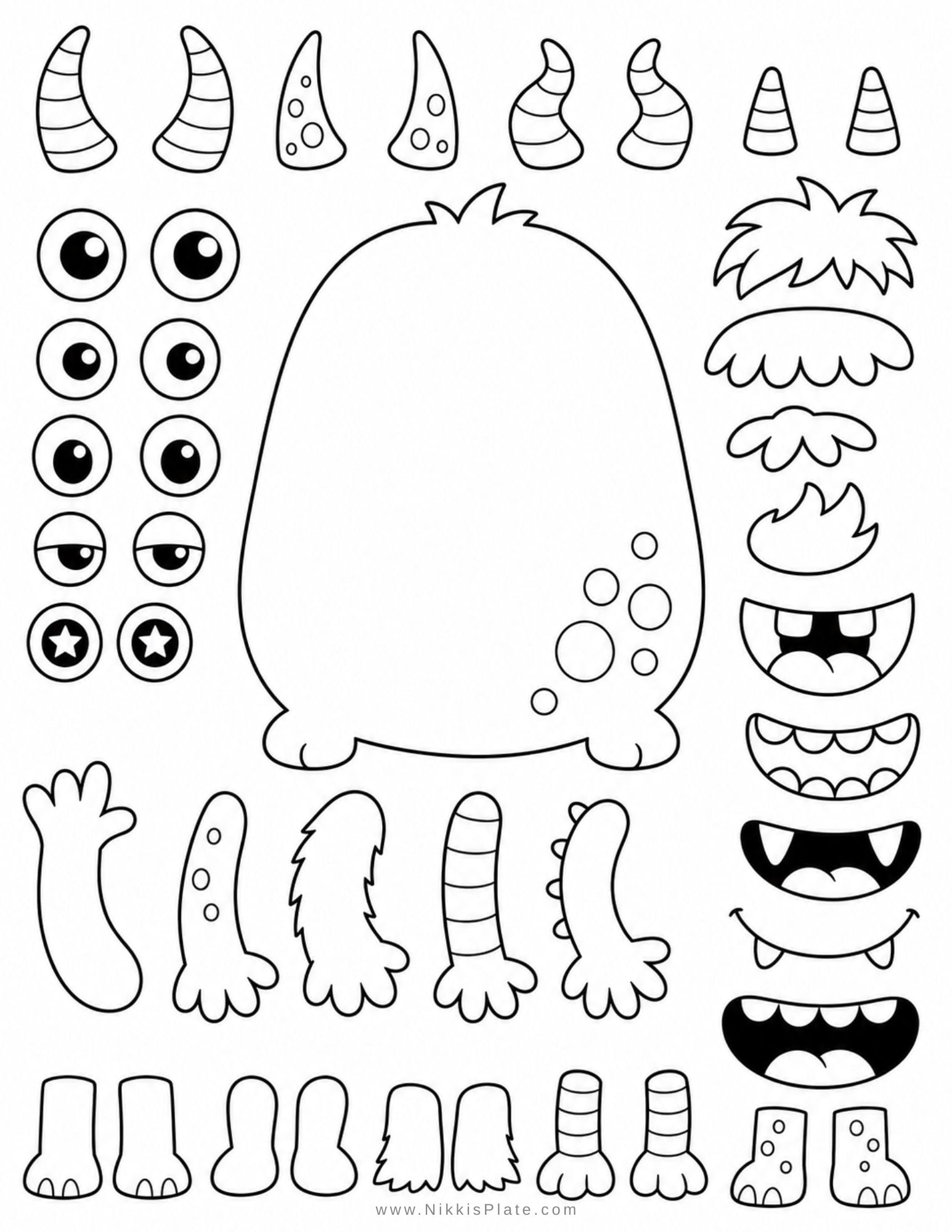 Printable monster craft with colorful monster body, silly eyes, horns, teeth, and hair for a fun and creative Halloween craft for kids.