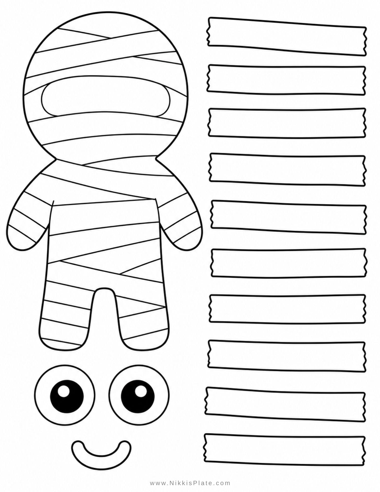 Printable mummy craft with white paper strips wrapped around a mummy template and googly eyes peeking out for a cute Halloween craft for kids.