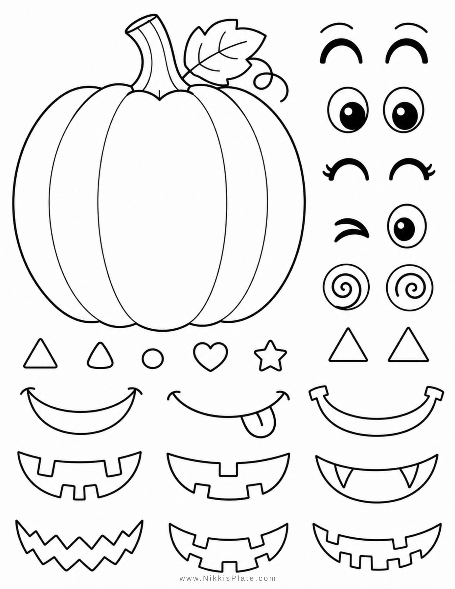 Printable pumpkin face craft with orange pumpkin template, mix-and-match jack-o-lantern eyes, nose, and mouth pieces for an easy Halloween craft for kids.