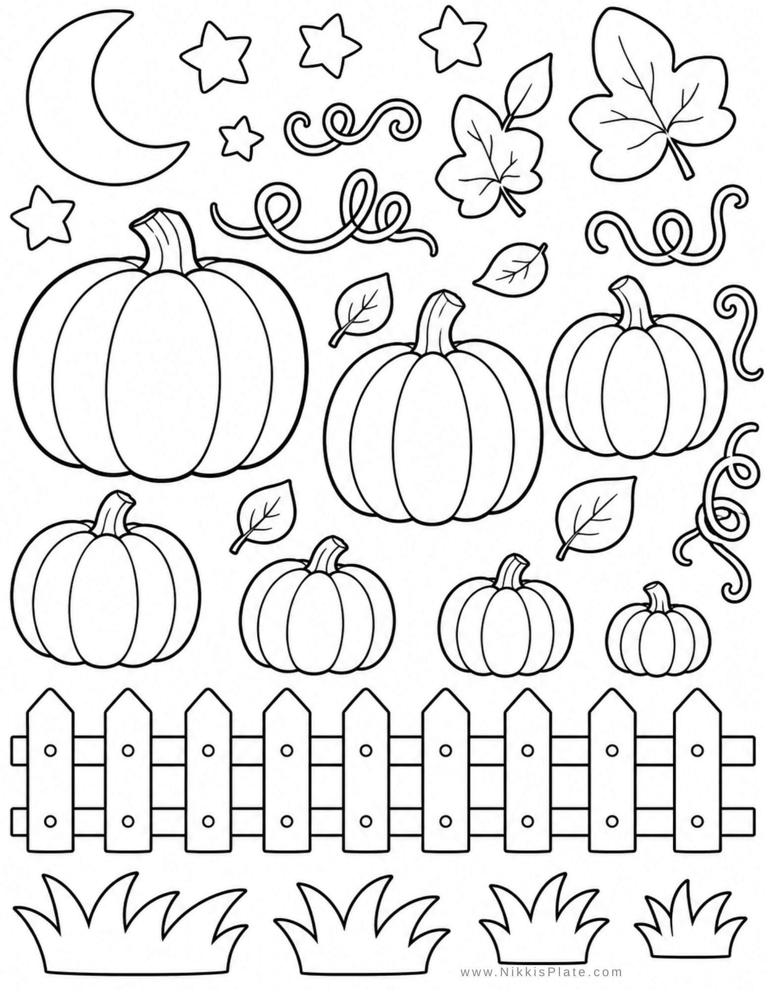 Printable pumpkin patch craft with orange pumpkins, green vines, fall leaves, stars, and a moon for an easy Halloween craft for kids.