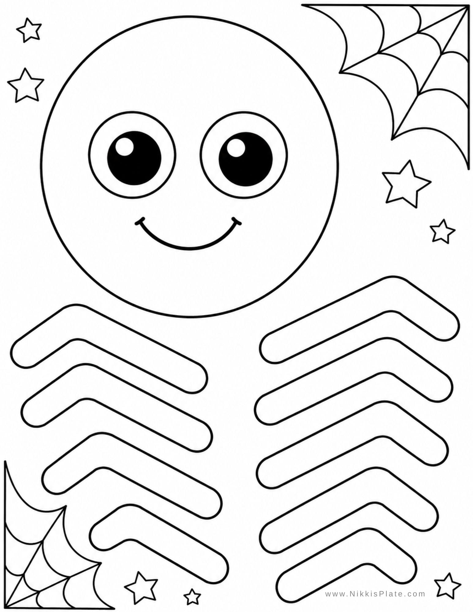 Printable spider craft with spider body, paper legs, googly eyes, and a friendly face for an easy Halloween craft for kids.