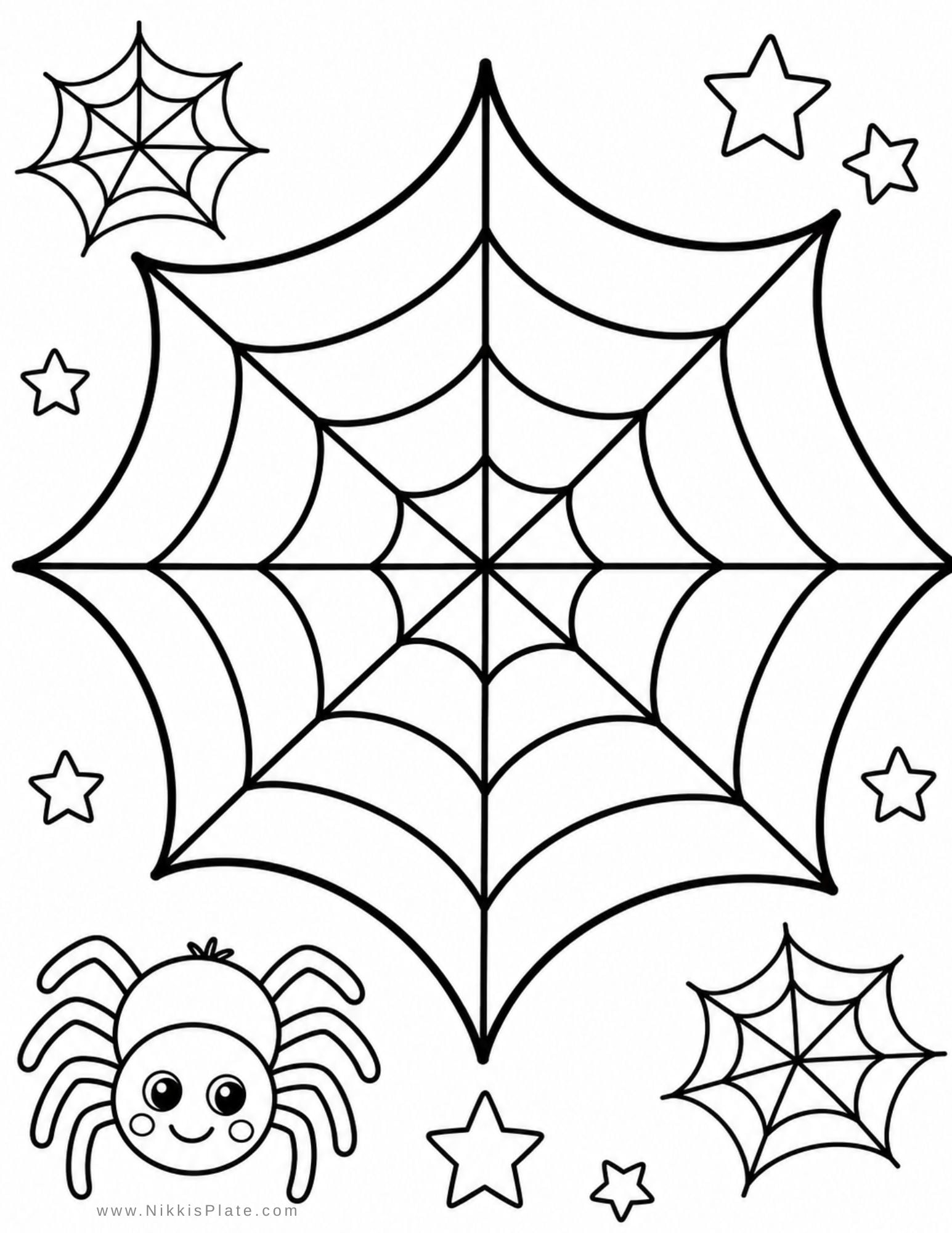 Printable spider web craft decorated with cotton balls, yarn, and a cute paper spider for a simple Halloween craft for toddlers and preschoolers.