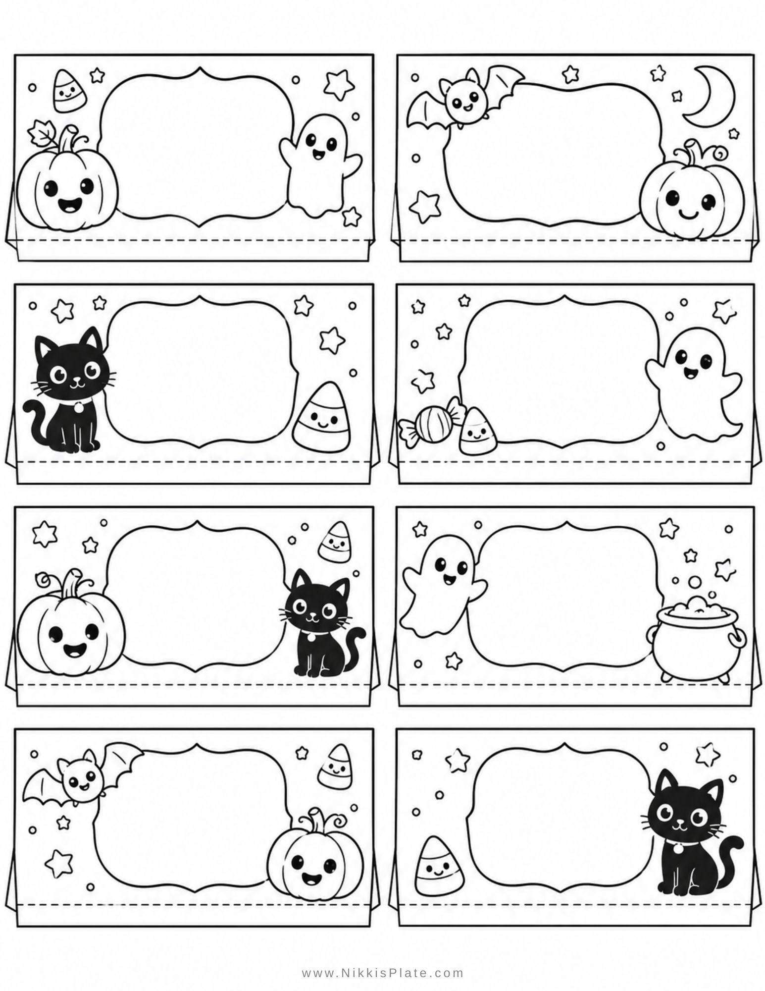 Printable trick-or-treat bag toppers decorated with cute Halloween designs for kids to color and attach to party favor bags or classroom treats.
