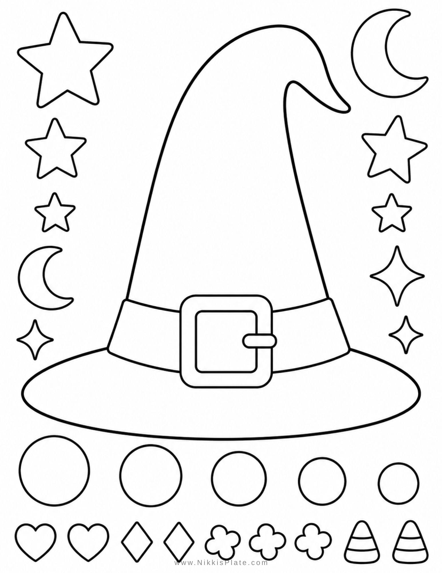 Printable witch hat craft decorated with Halloween colors, stars, moons, and stickers for a cute preschool Halloween craft activity.
