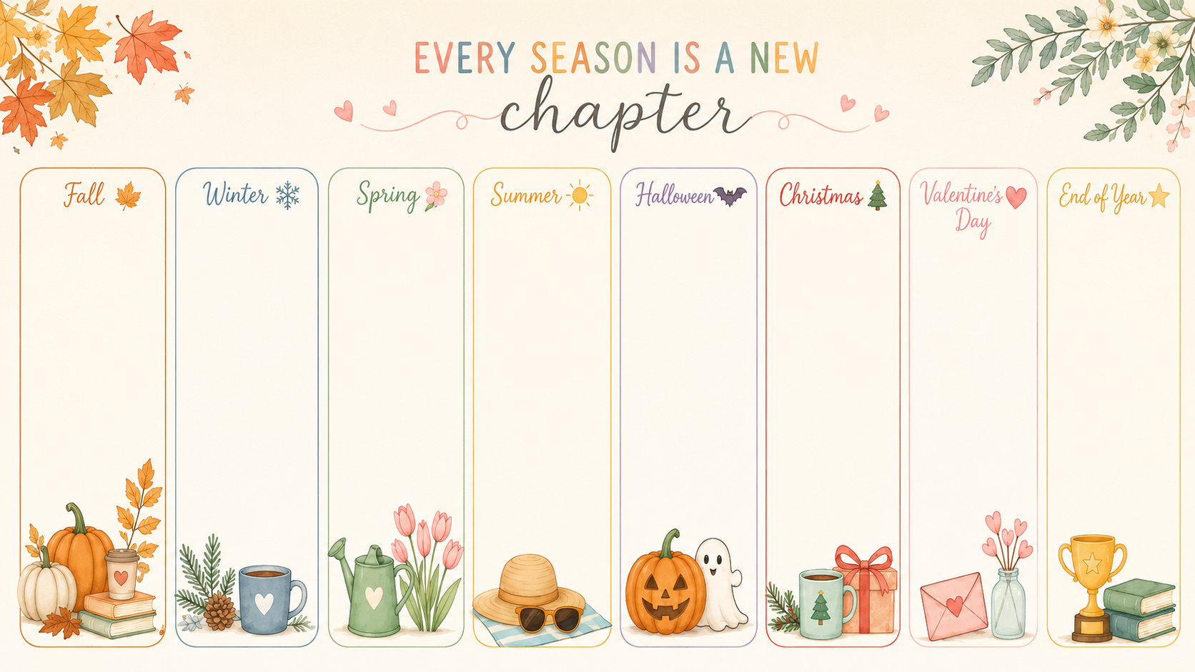 Seasonal teacher desktop organizer wallpaper with soft cream background, colorful sections for Fall, Winter, Spring, Summer, Halloween, Christmas, Valentine's Day, and End of Year, plus watercolor pumpkins, flowers, mugs, gifts, books, trophy, and seasonal classroom icons for organizing teacher desktop files.