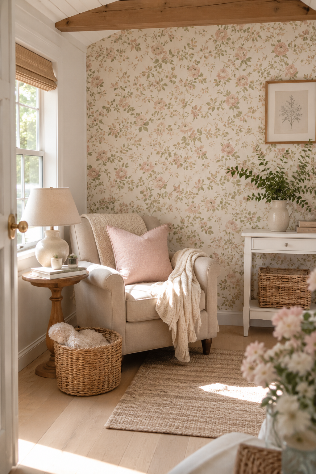She shed decorating ideas featuring soft floral peel-and-stick wallpaper, a cozy chair, and woven decor