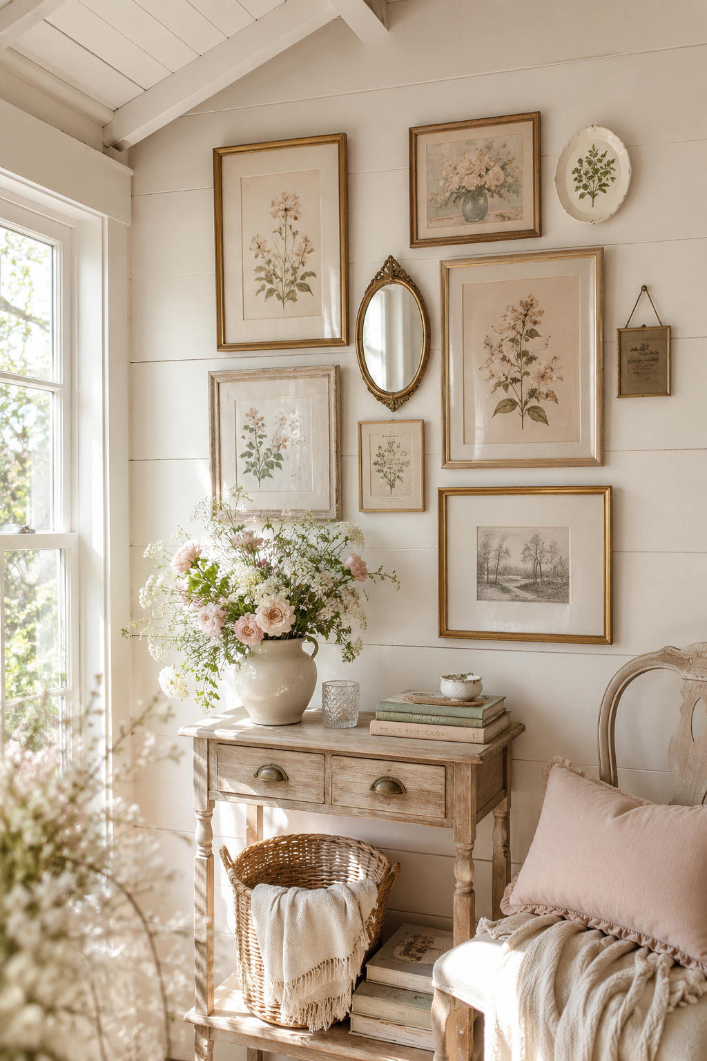 She shed gallery wall with botanical prints, vintage frames, a small mirror, and a styled console table