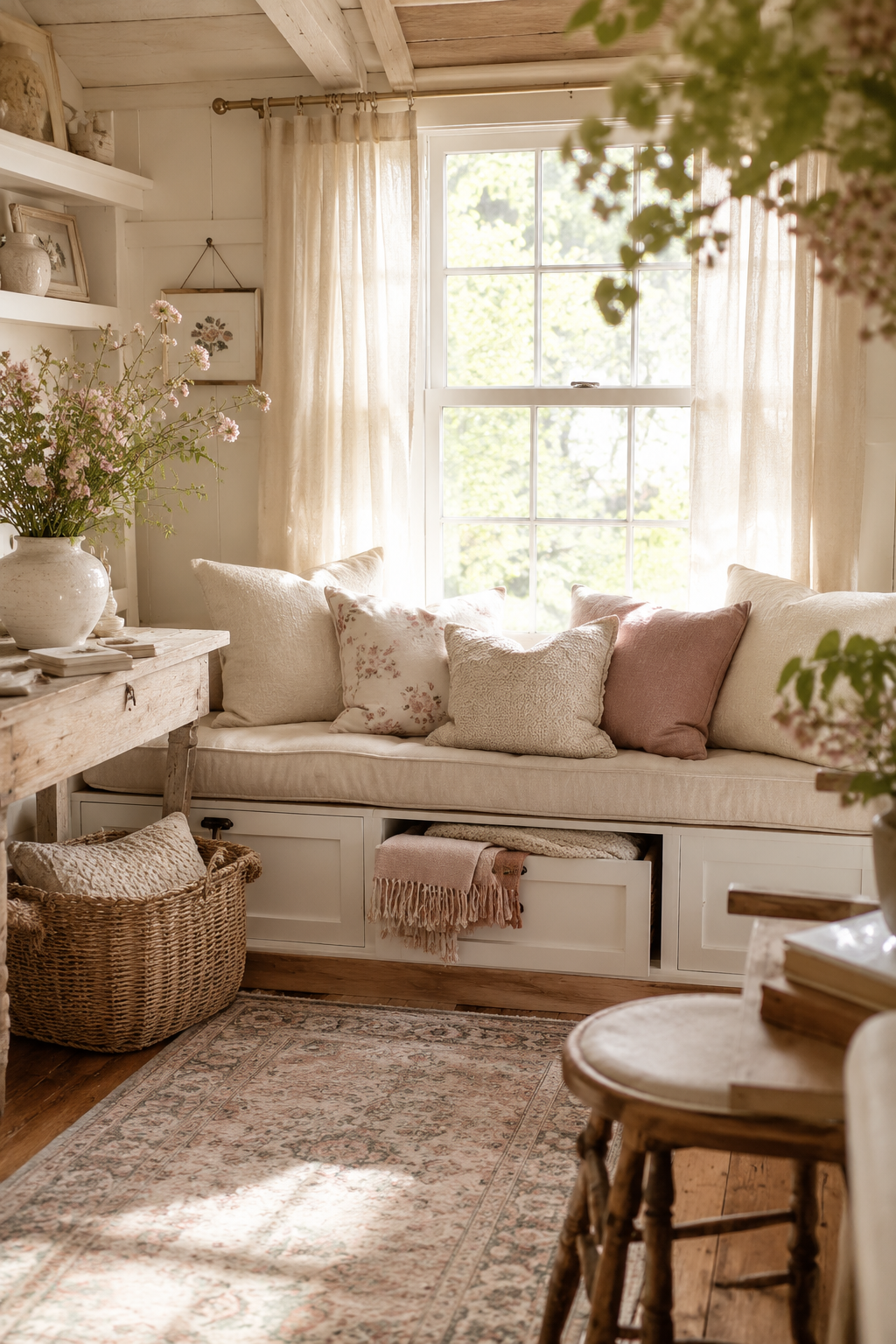 She shed window bench with hidden storage, neutral cushions, throw pillows, and woven baskets