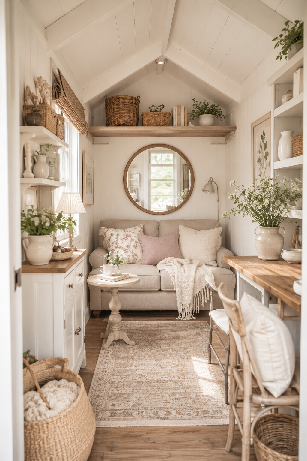 Small she shed interior with compact seating, floating shelves, a mirror, and space-saving storage baskets