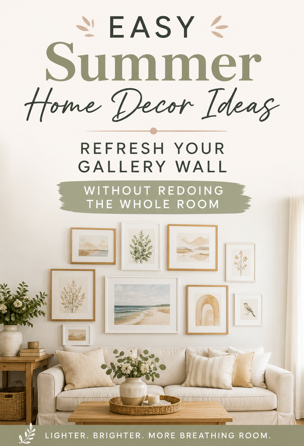 Pinterest pin for summer home decor ideas showing a bright neutral living room with a refreshed gallery wall, soft artwork, mixed frames, and airy seasonal styling.