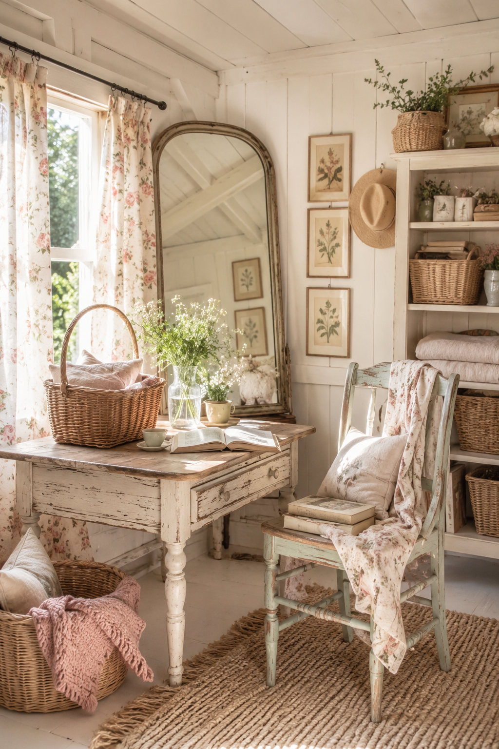 Vintage cottage she shed with floral curtains, antique furniture, wicker baskets, and botanical artwork