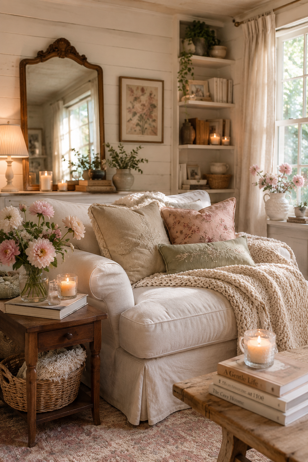 Cozy woman cave she shed interior with a loveseat, layered pillows, flowers, books, and warm lighting