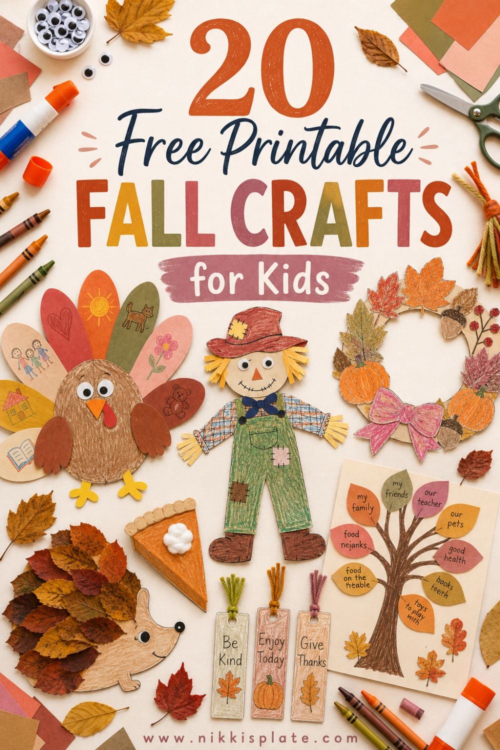 Discover 20 free printable fall crafts for kids, including paper turkeys, scarecrows, autumn wreaths, gratitude trees, leaf hedgehogs and more! These easy fall craft templates are perfect for toddlers, preschoolers and elementary-aged children to enjoy at home or in the classroom. Download, print and start creating!