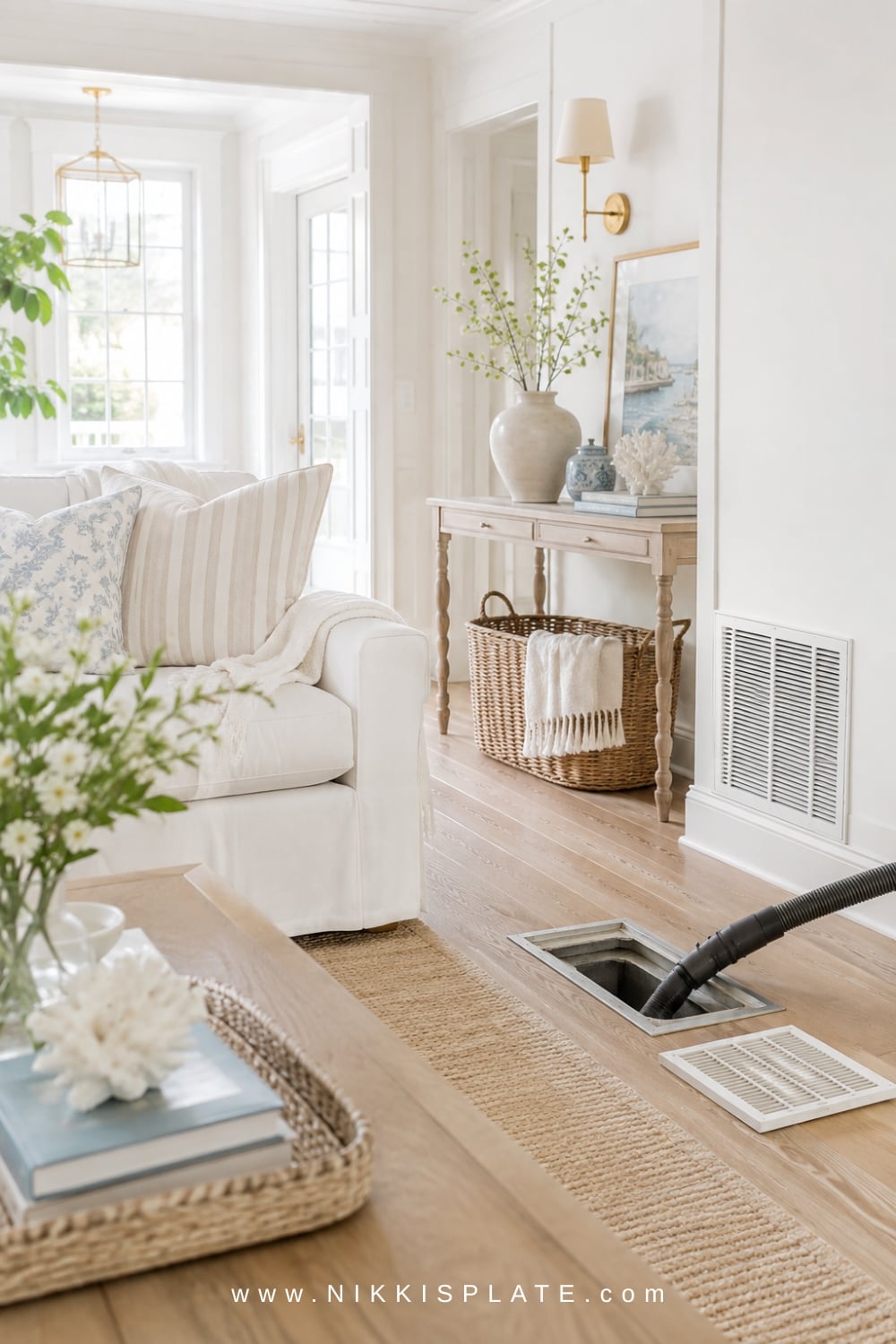 Bright Charleston-style living room with an open floor vent and vacuum hose during air duct cleaning.