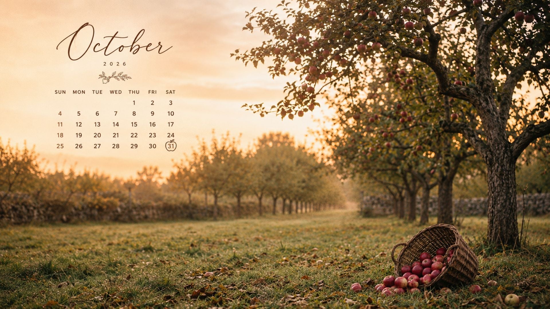 October 2026 desktop calendar wallpaper featuring an apple orchard, woven basket and soft golden-hour light.