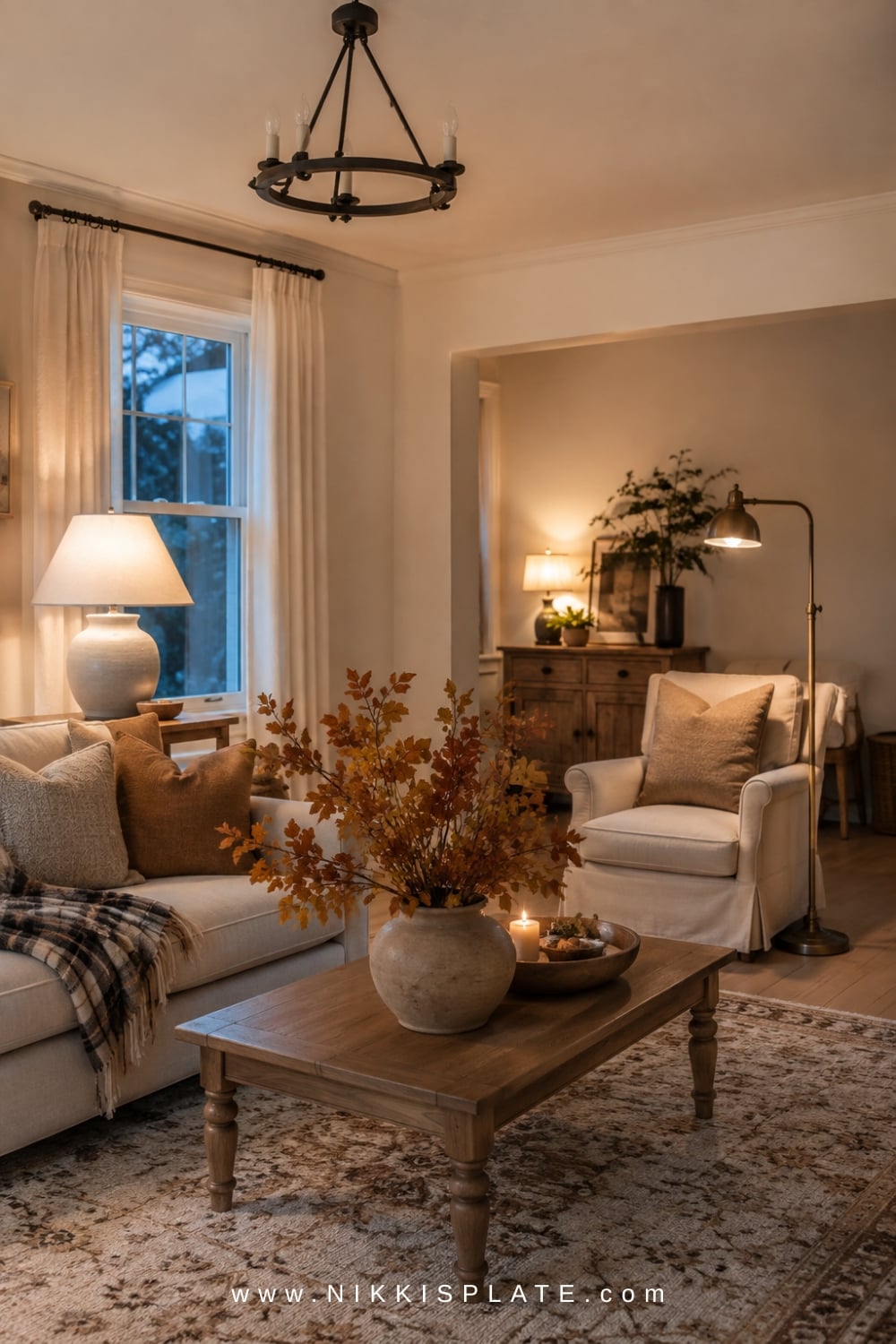 Aged brass lamp with a cream shade casting warm white light over a linen chair and autumn branches.