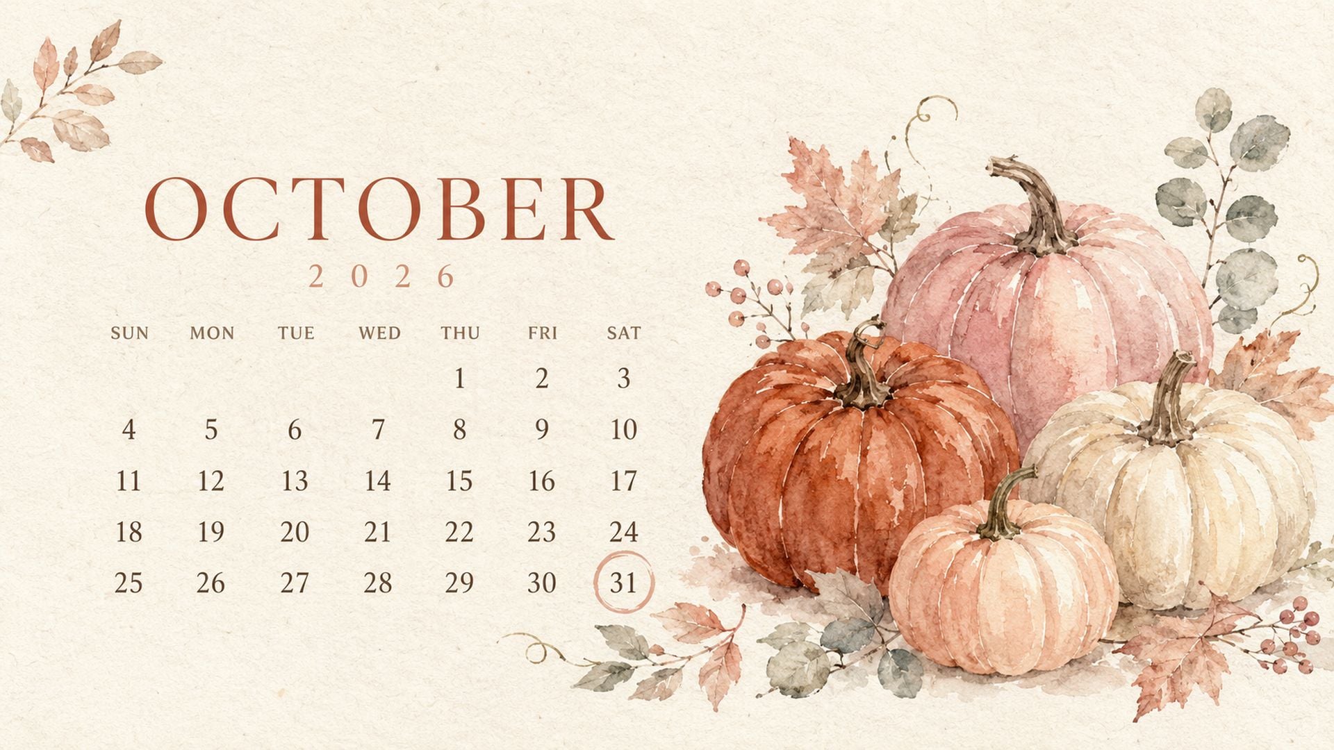 Feminine October 2026 calendar wallpaper with blush, rust and cream watercolor pumpkins, soft leaves and a clean monthly layout.
