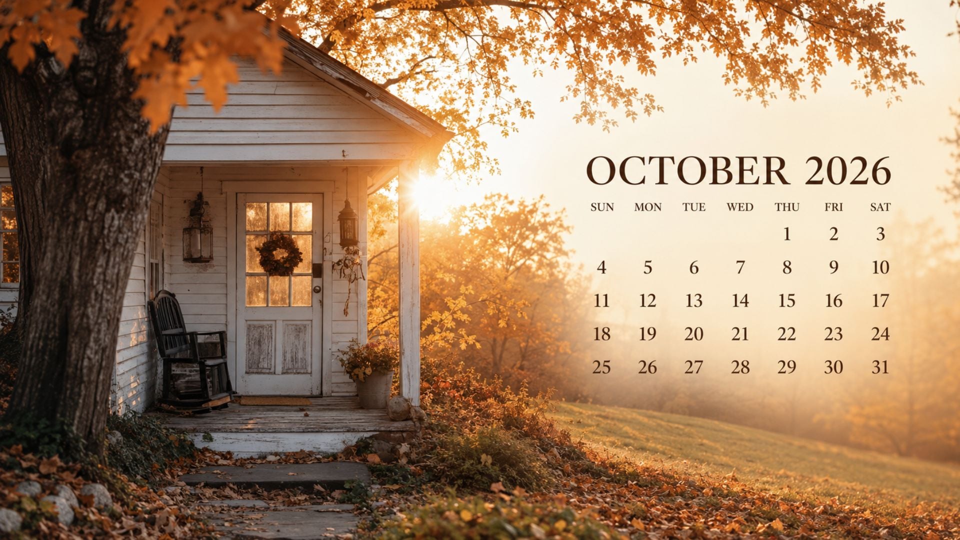 IMAGE ALT TEXT: Cottagecore October 2026 desktop calendar wallpaper with a tiny stone cottage, heirloom pumpkins, climbing vines and golden fall trees.