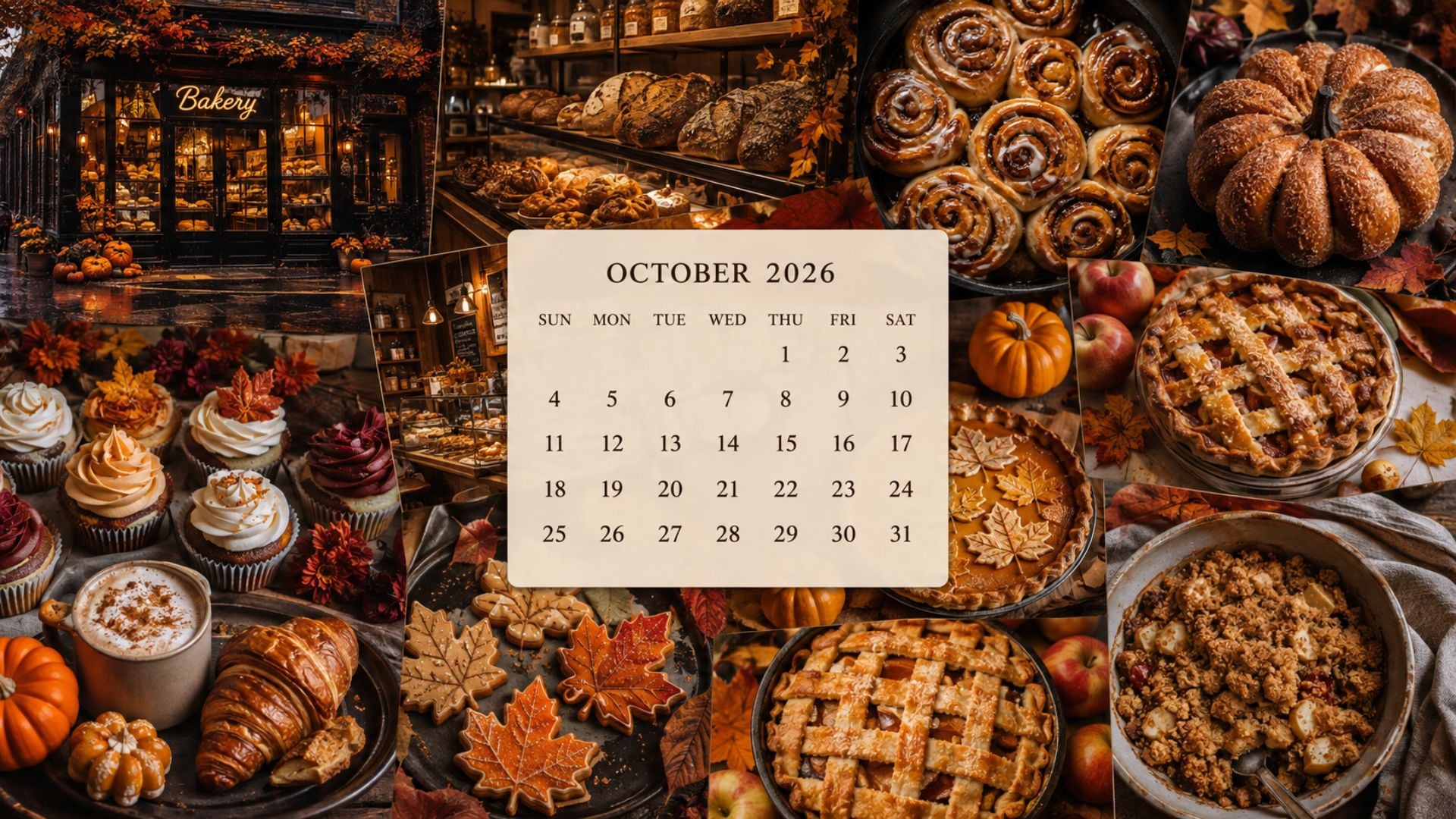 Cottagecore October 2026 desktop calendar wallpaper with pumpkin bread, cinnamon rolls, gingham linen and a warm farmhouse kitchen.