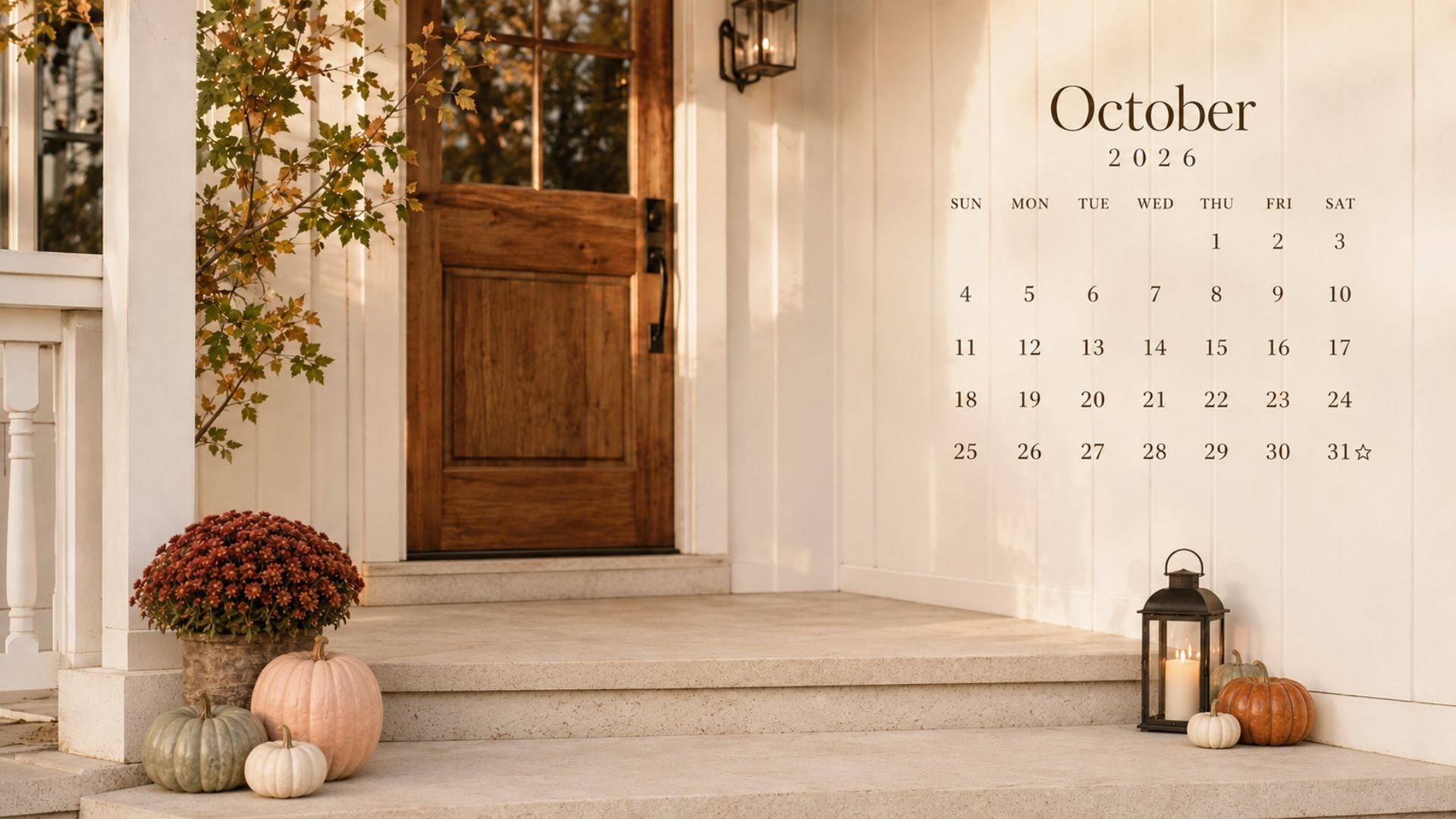 Cozy October 2026 desktop calendar wallpaper with heirloom pumpkins, mums and lanterns styled on a white farmhouse porch.