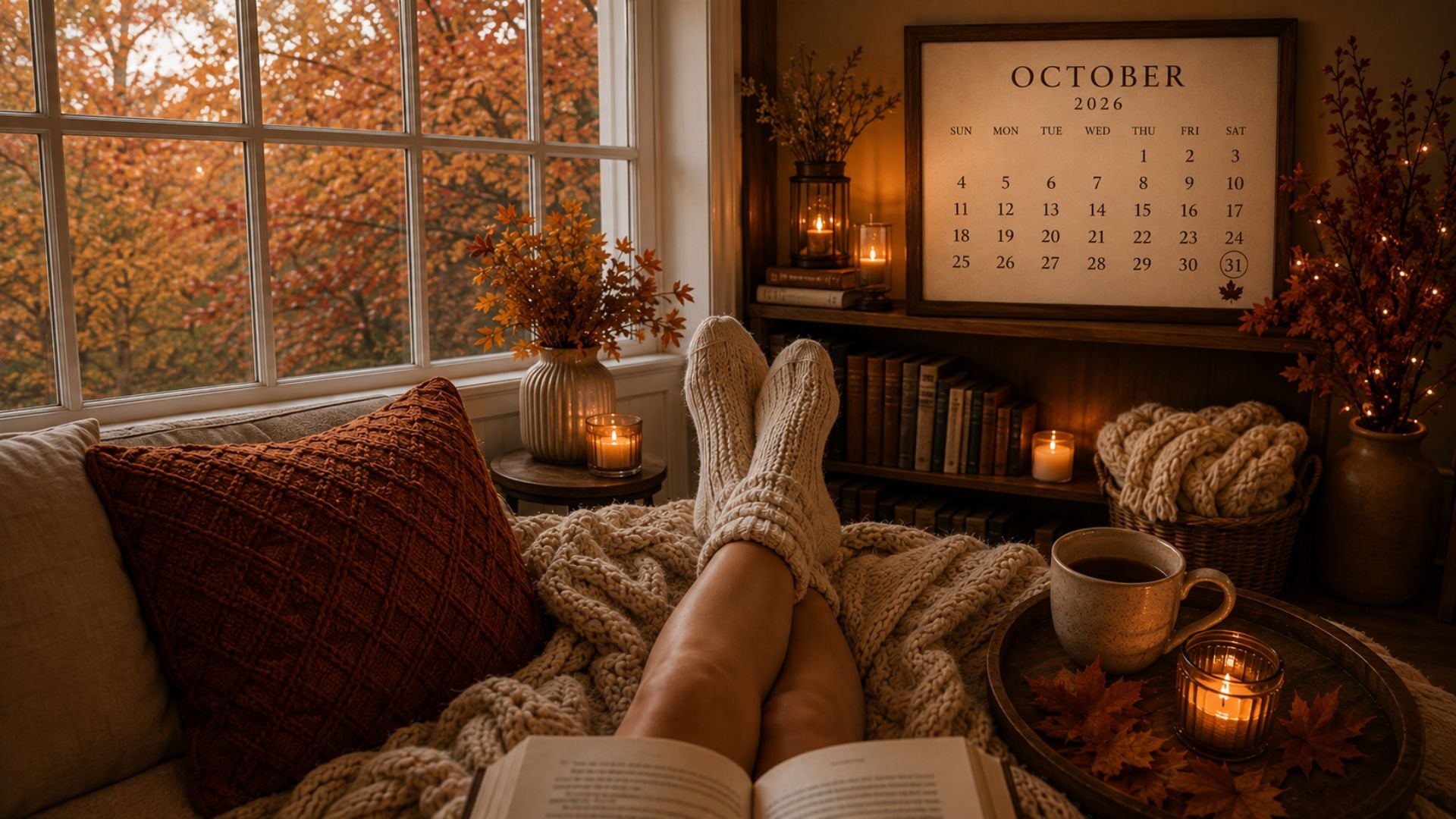 Cozy October 2026 desktop wallpaper with a reading chair, stacked books, knit blanket, pumpkins and warm lamp light.