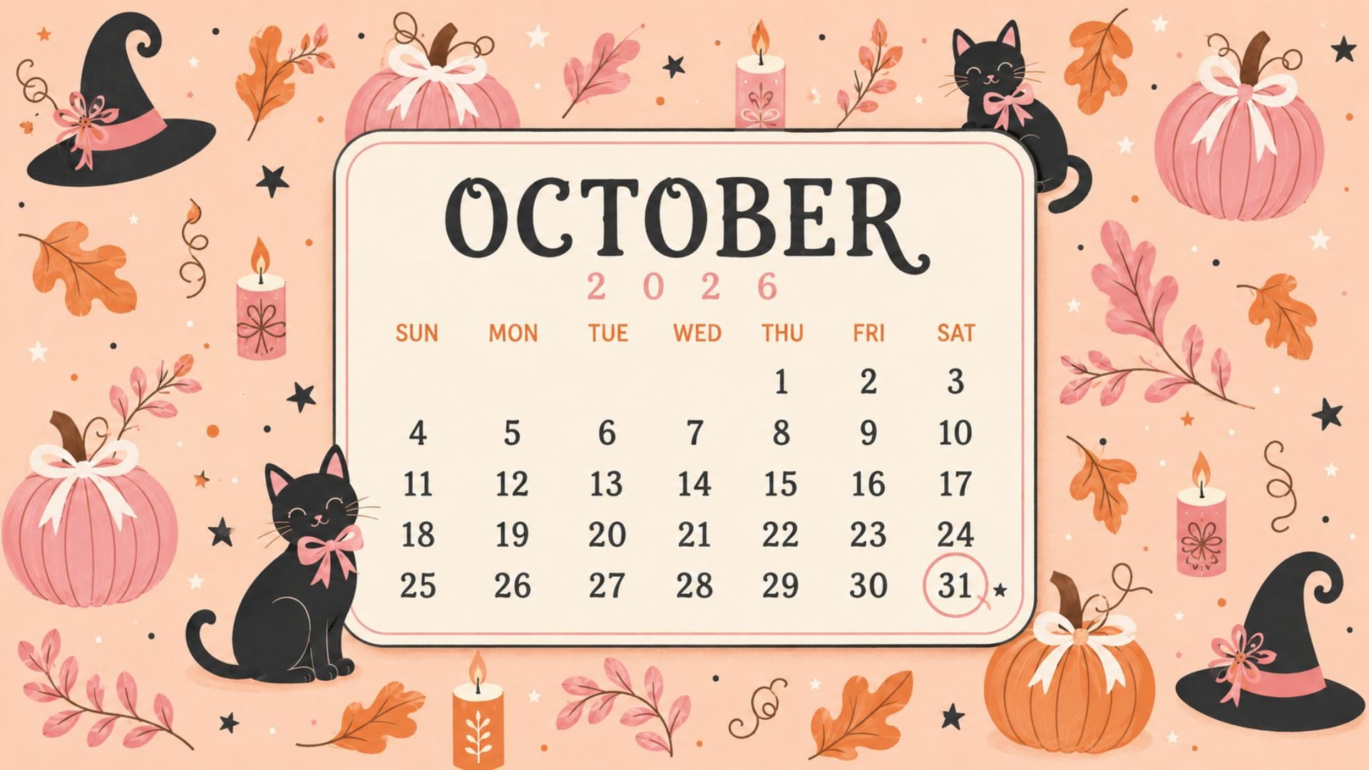 October 2026 Halloween desktop calendar background with a cute black cat, carved pumpkins, stars and a crescent moon.