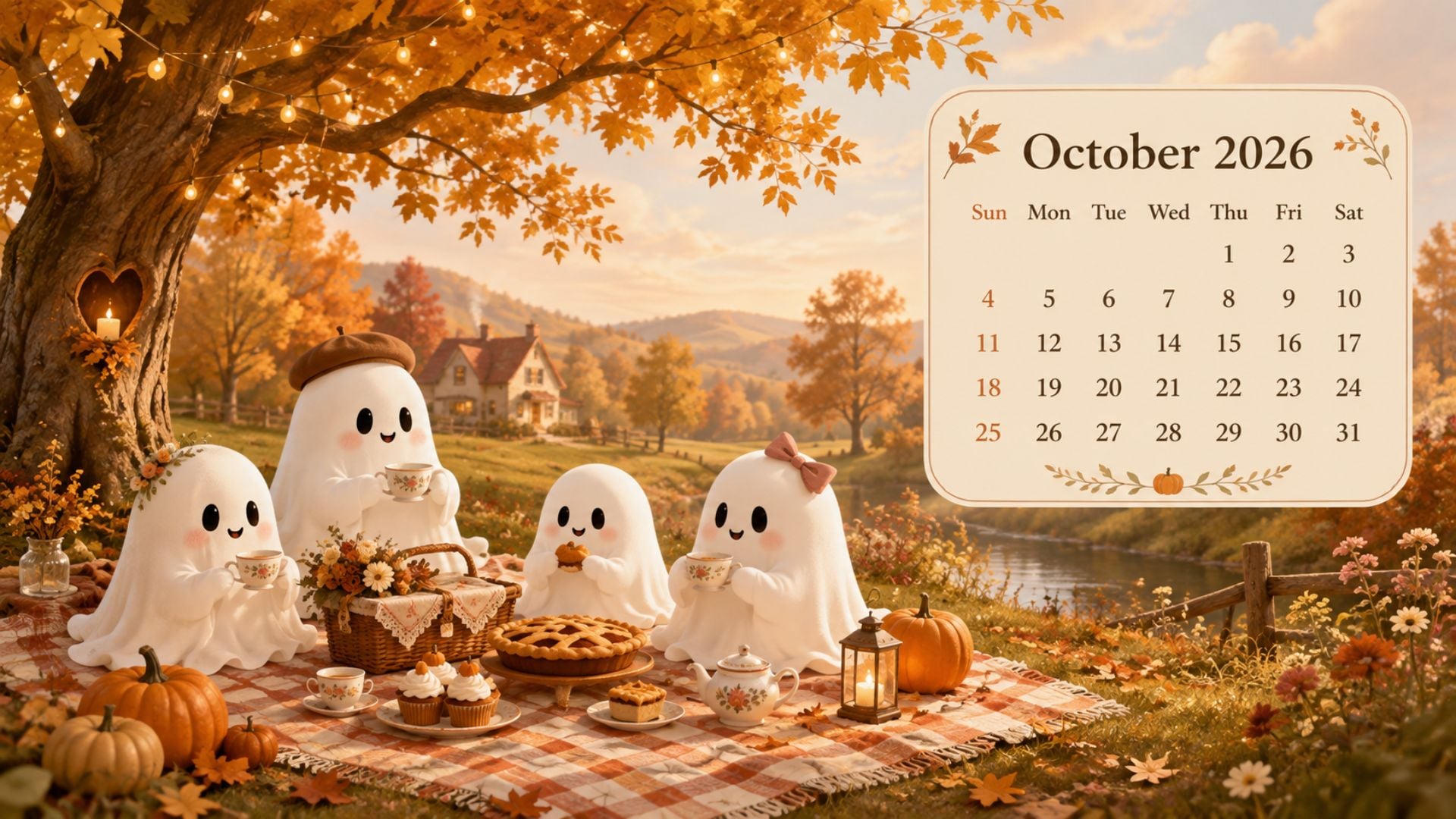 Cute cottagecore Halloween October 2026 wallpaper with friendly ghosts enjoying a picnic beneath a golden autumn tree.