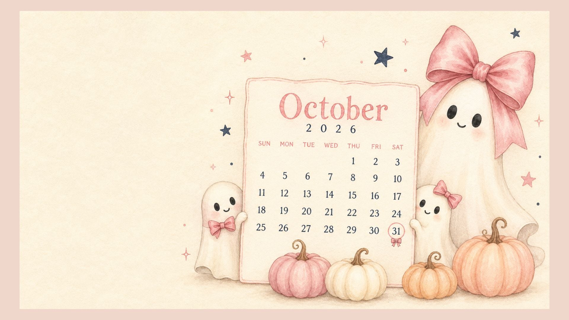 Cute Halloween October 2026 calendar wallpaper with friendly white ghosts, pink bows, mini pumpkins and a cream background.