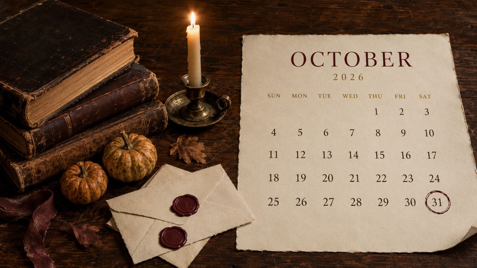 Dark academia October 2026 calendar wallpaper with stacked antique books, mini pumpkins, a candle and burgundy wax-sealed letters.