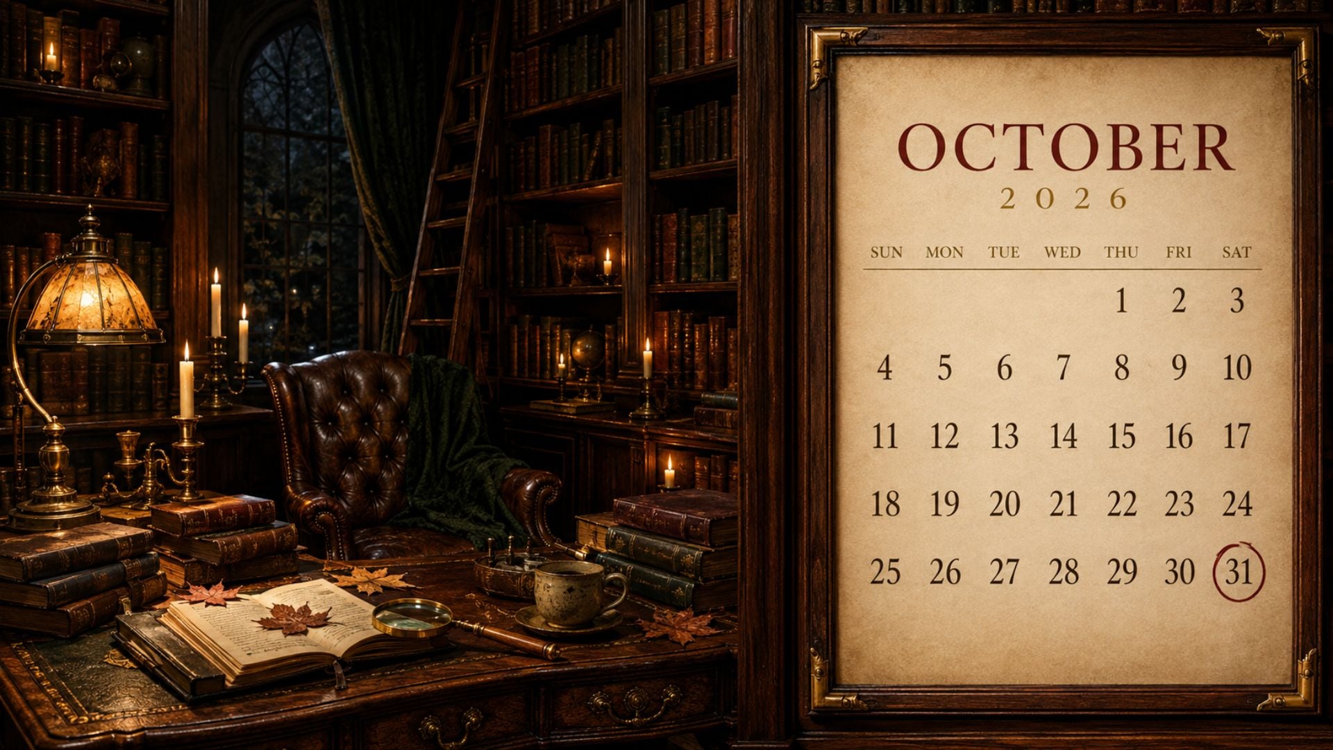Dark academia October 2026 desktop calendar wallpaper with a candlelit library, antique books, dark wood and a moody monthly calendar.
