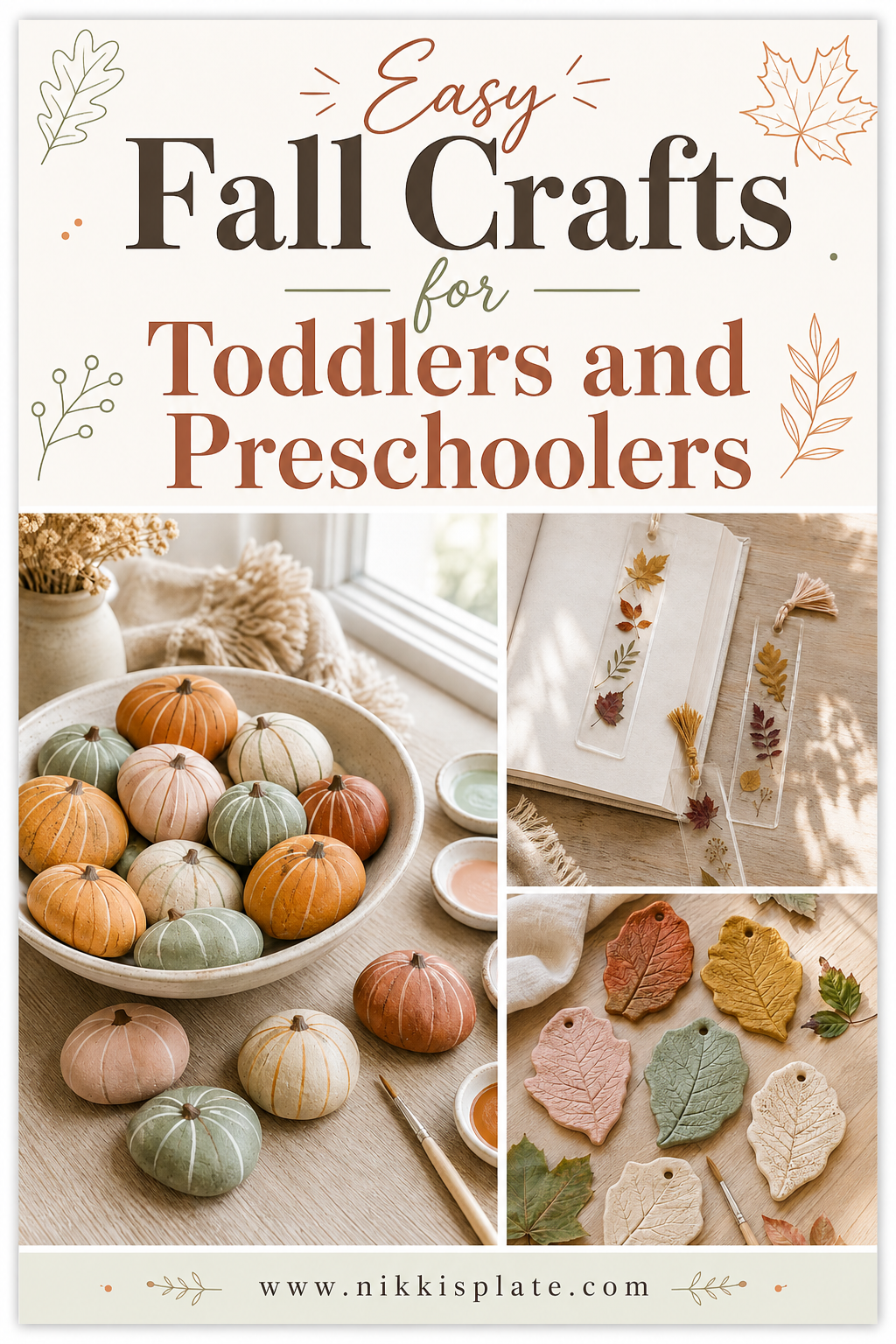 Find easy fall crafts for toddlers and preschoolers using simple, affordable supplies. These cute autumn craft ideas include painted pumpkin rocks, pressed leaf bookmarks, leaf ornaments and other low-prep activities for home, daycare or the classroom.