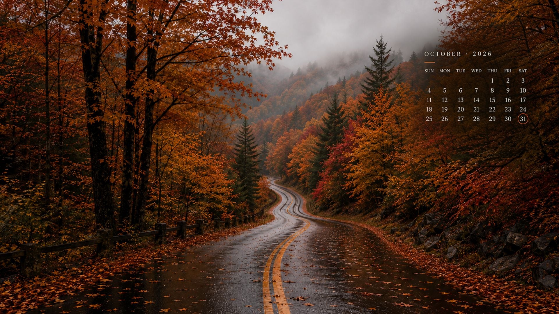 Fall October 2026 desktop background showing a winding country road beneath peak red and golden maple trees with a monthly calendar.