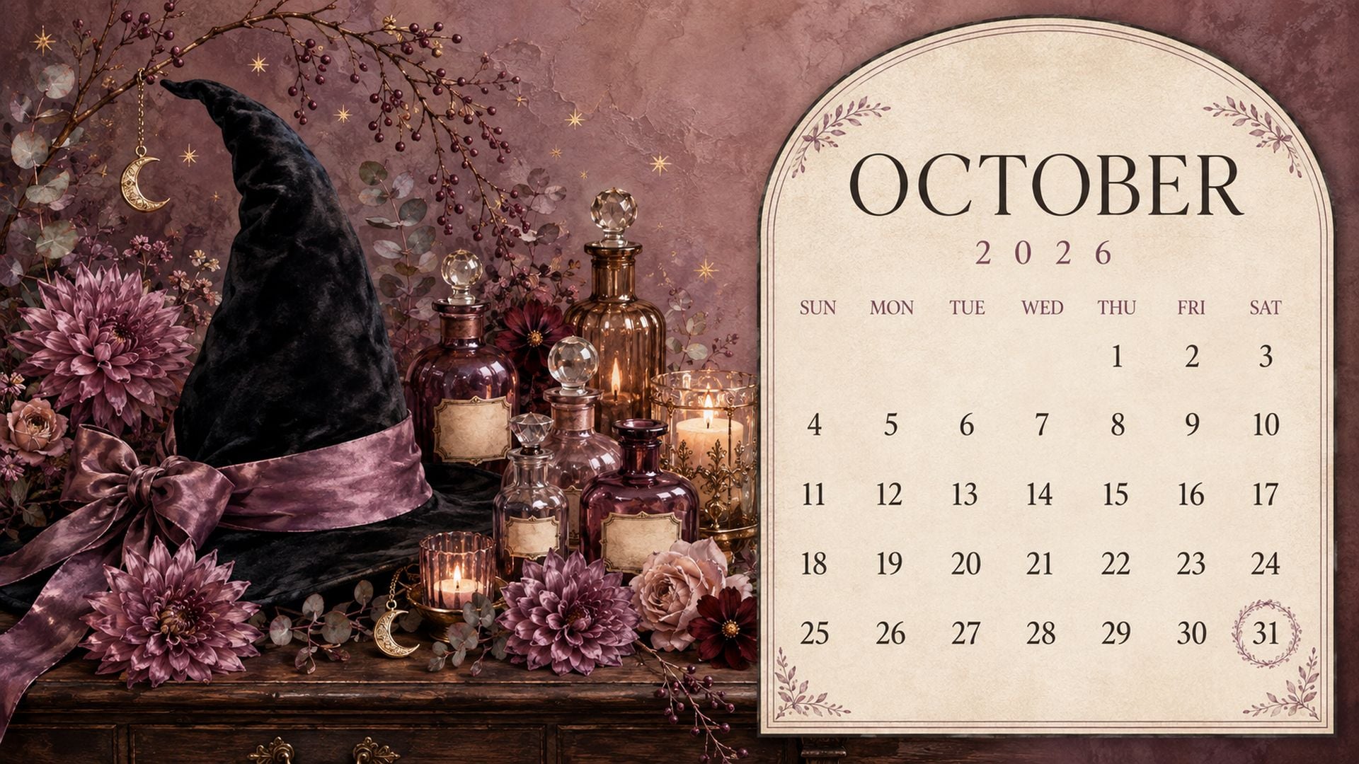 Feminine witchy October 2026 desktop wallpaper with a black hat, mauve florals, potion bottles and a clear calendar.