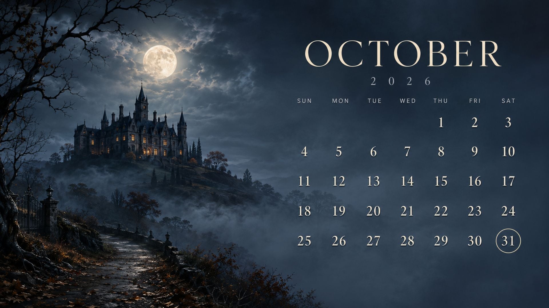 Moody Halloween October 2026 desktop wallpaper with a distant gothic manor, full moon, bare branches and a clear monthly calendar.